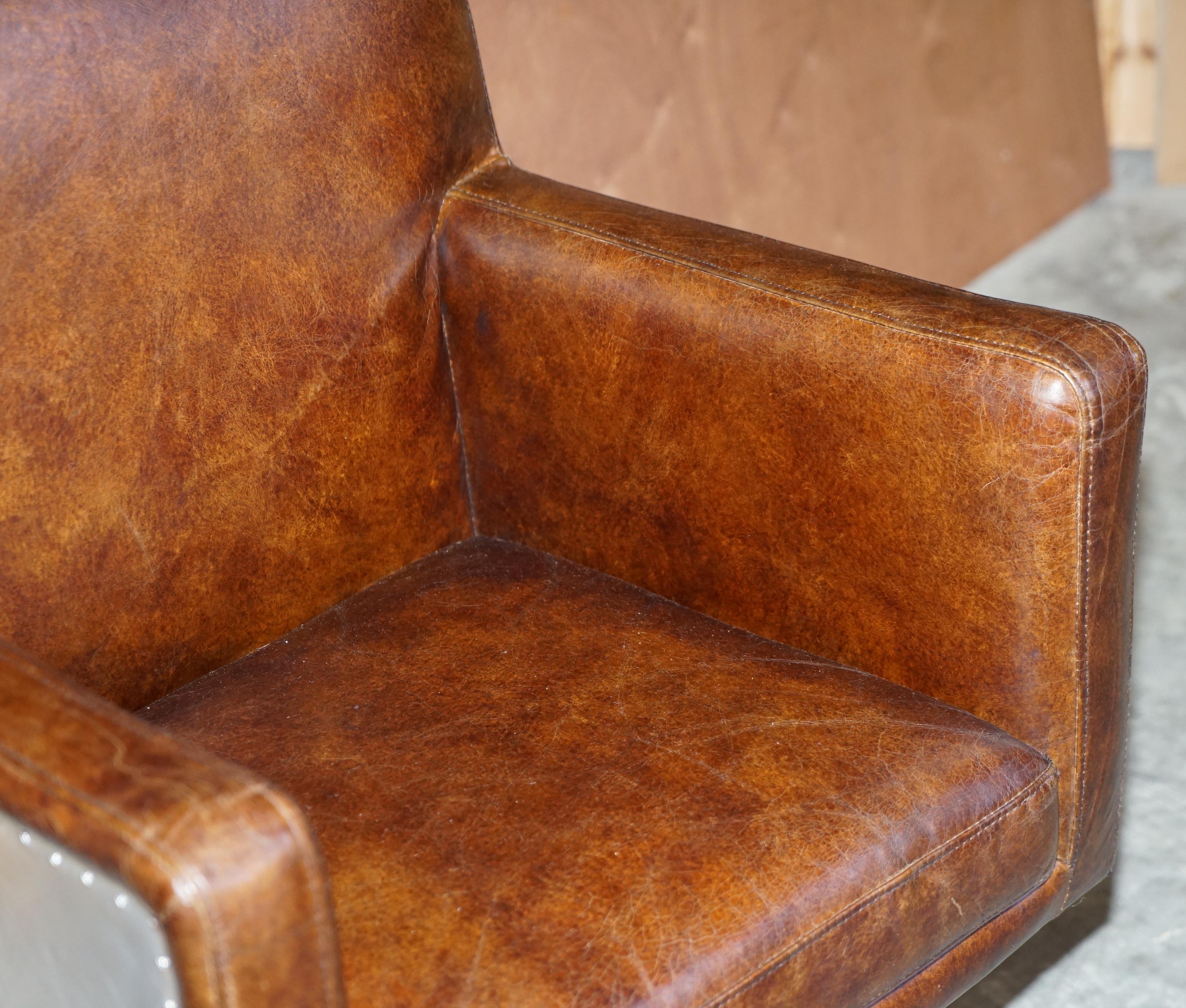 1 of 2 Hand Dyed Brown Leather Aviator Hammered Metal Swivel Captains Armchairs For Sale 1