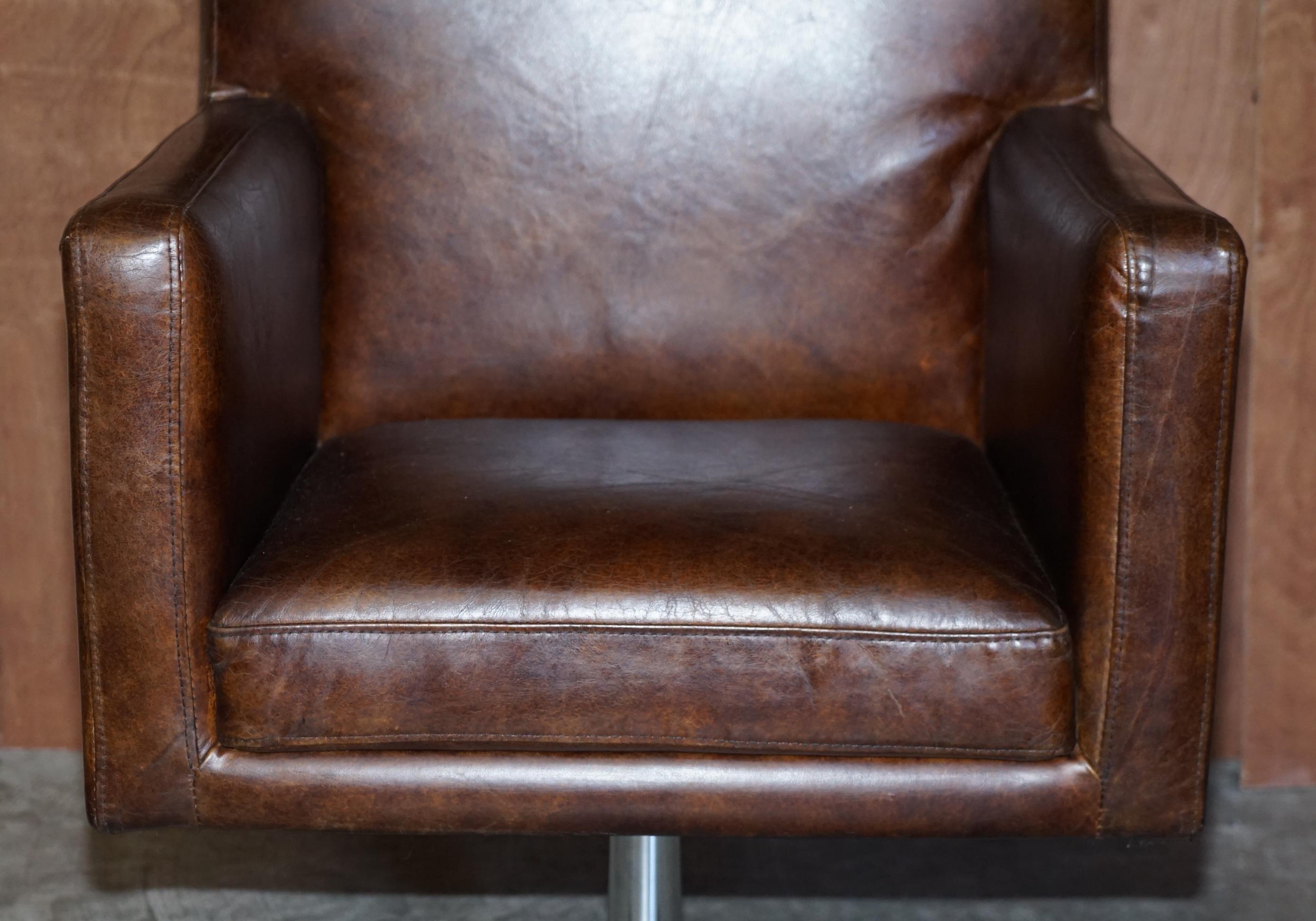 1 of 2 Hand Dyed Brown Leather Aviator Hammered Metal Swivel Captains Armchairs For Sale 2