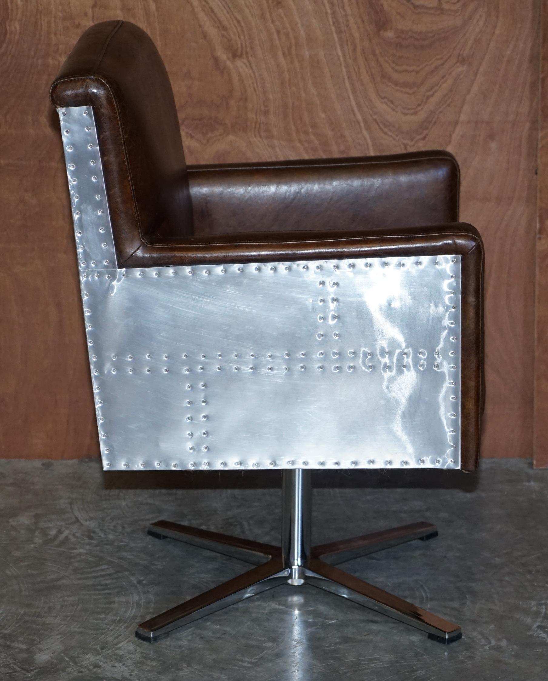 1 of 2 Hand Dyed Brown Leather Aviator Hammered Metal Swivel Captains Armchairs For Sale 5