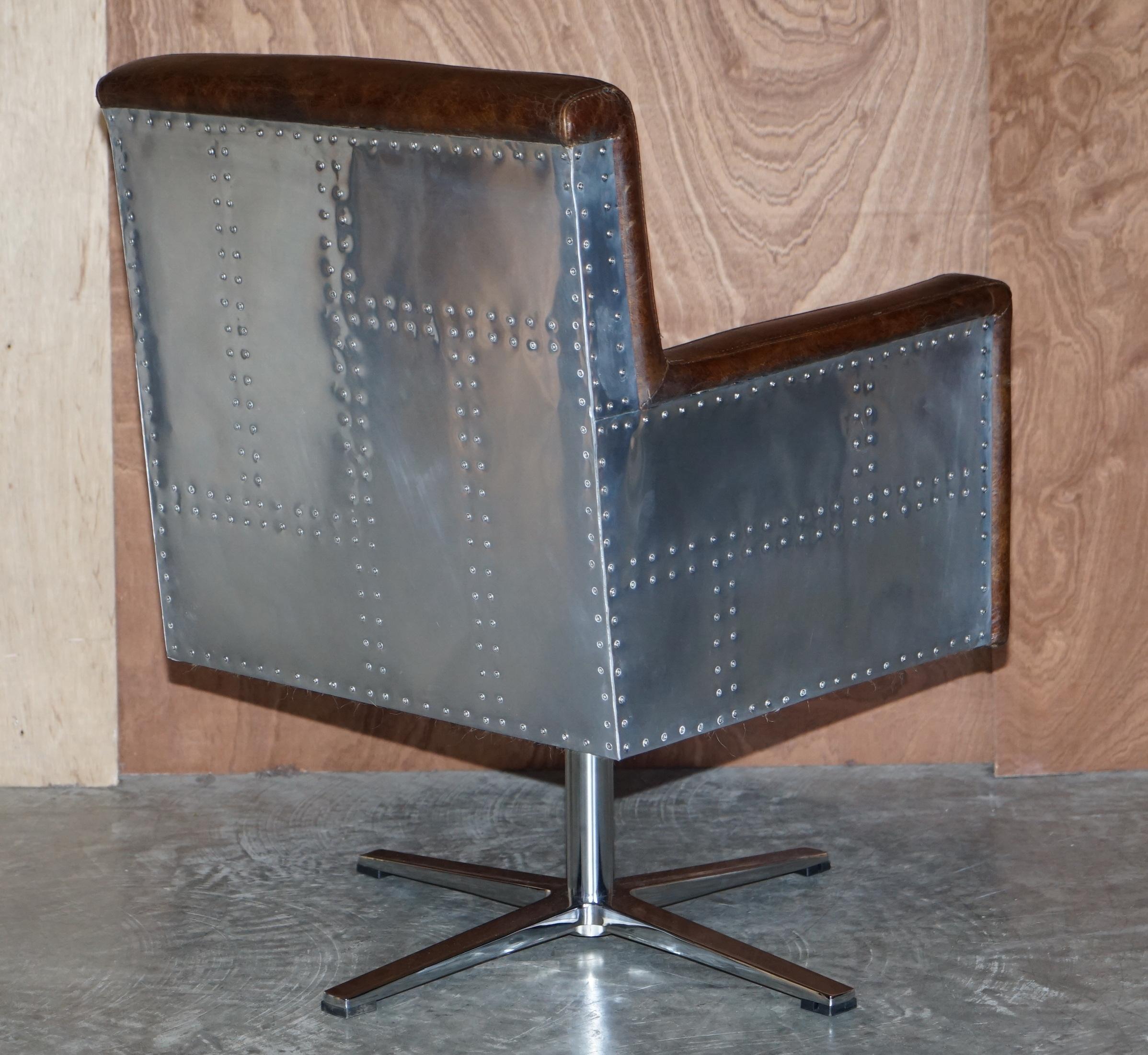 1 of 2 Hand Dyed Brown Leather Aviator Hammered Metal Swivel Captains Armchairs For Sale 6