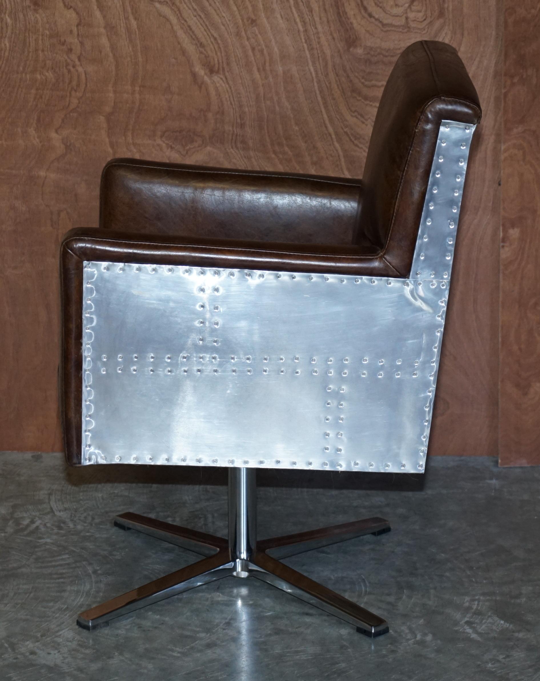 1 of 2 Hand Dyed Brown Leather Aviator Hammered Metal Swivel Captains Armchairs For Sale 8