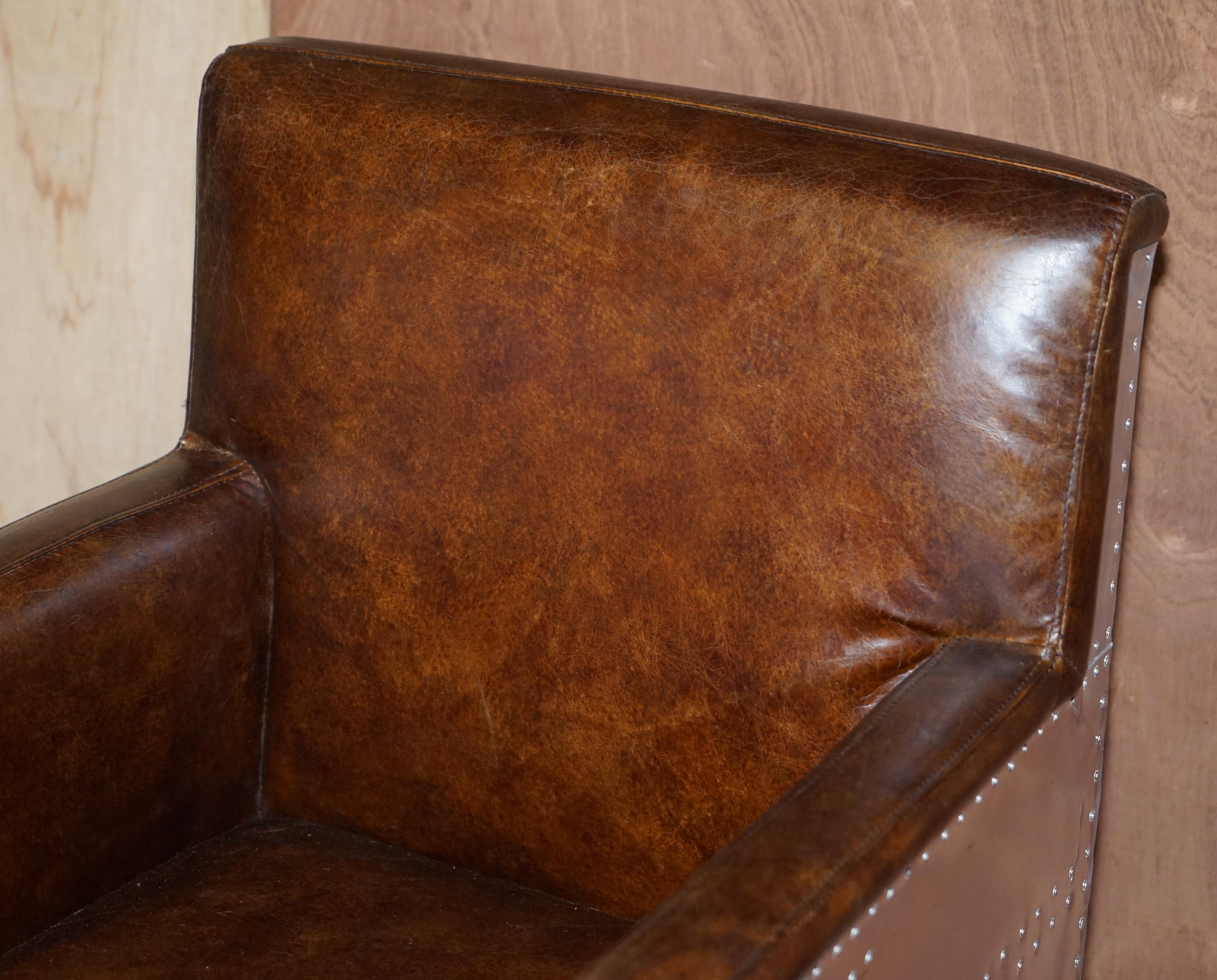 Industrial 1 of 2 Hand Dyed Brown Leather Aviator Hammered Metal Swivel Captains Armchairs For Sale