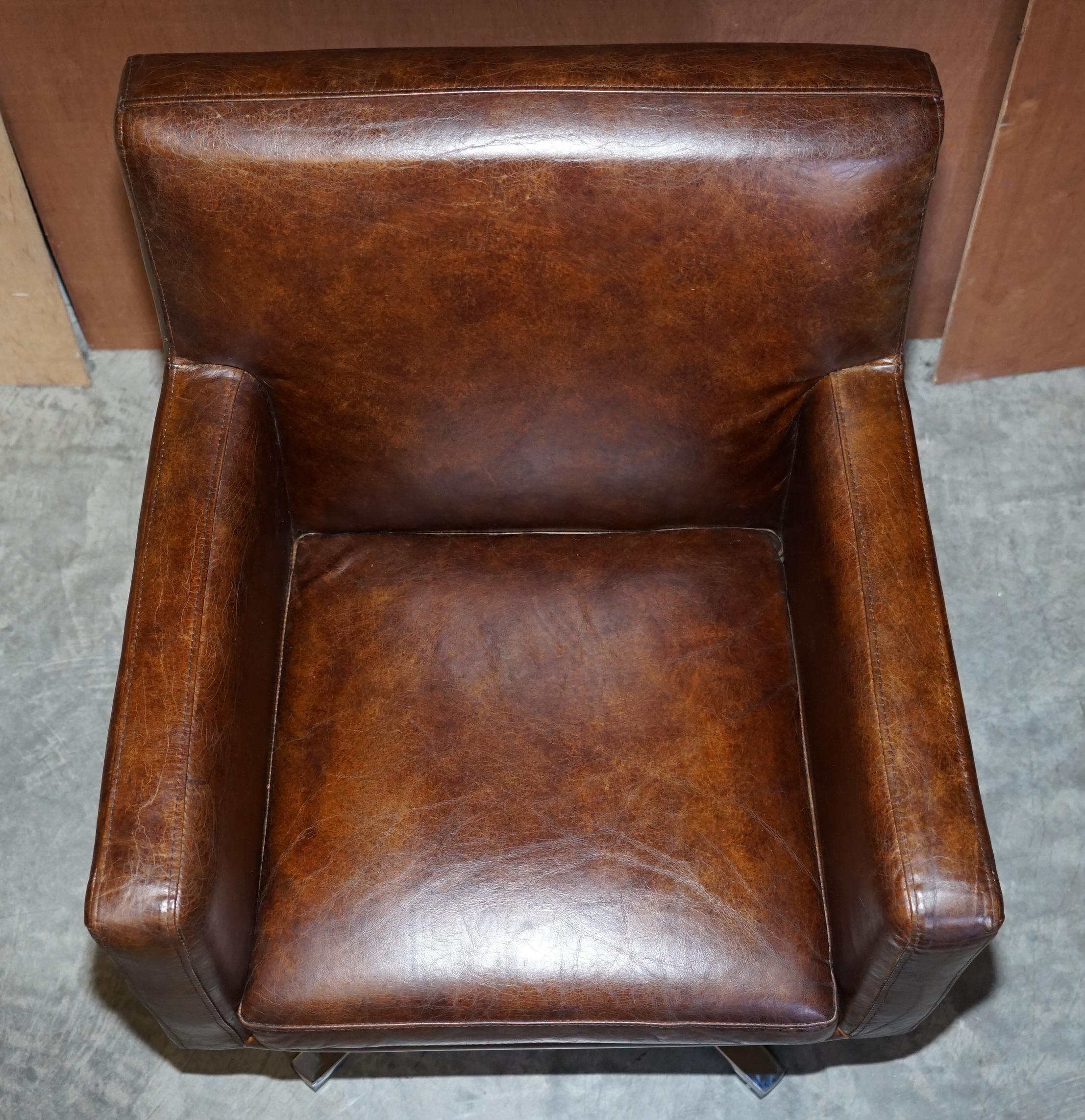 English 1 of 2 Hand Dyed Brown Leather Aviator Hammered Metal Swivel Captains Armchairs For Sale