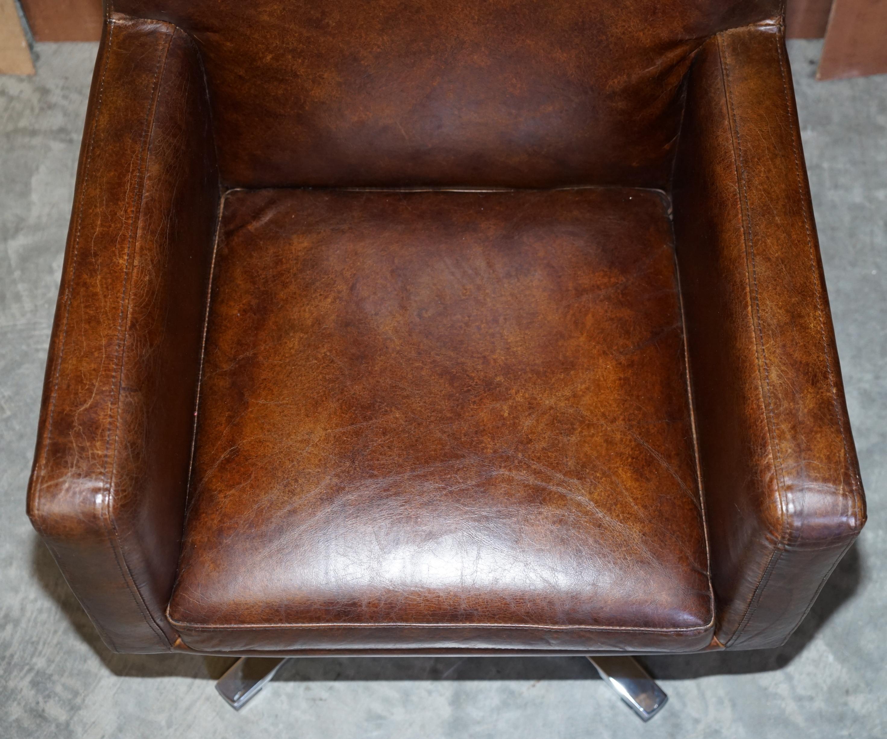 Hand-Crafted 1 of 2 Hand Dyed Brown Leather Aviator Hammered Metal Swivel Captains Armchairs For Sale