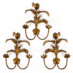 1 of 3 Hollywood Regency Gold Palm Wall Lights Vintage Sconces, Italy 1970s