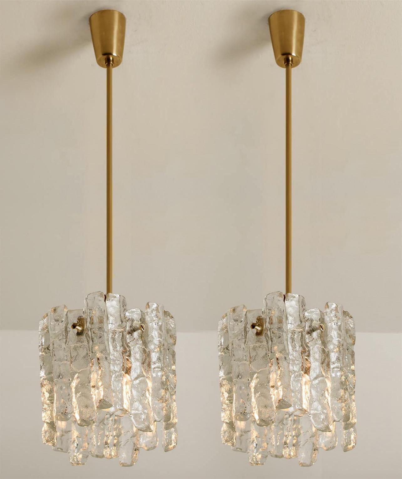 Brass 1 of 3 Ice Glass Pendant Lights by J.T. Kalmar, 1970s For Sale