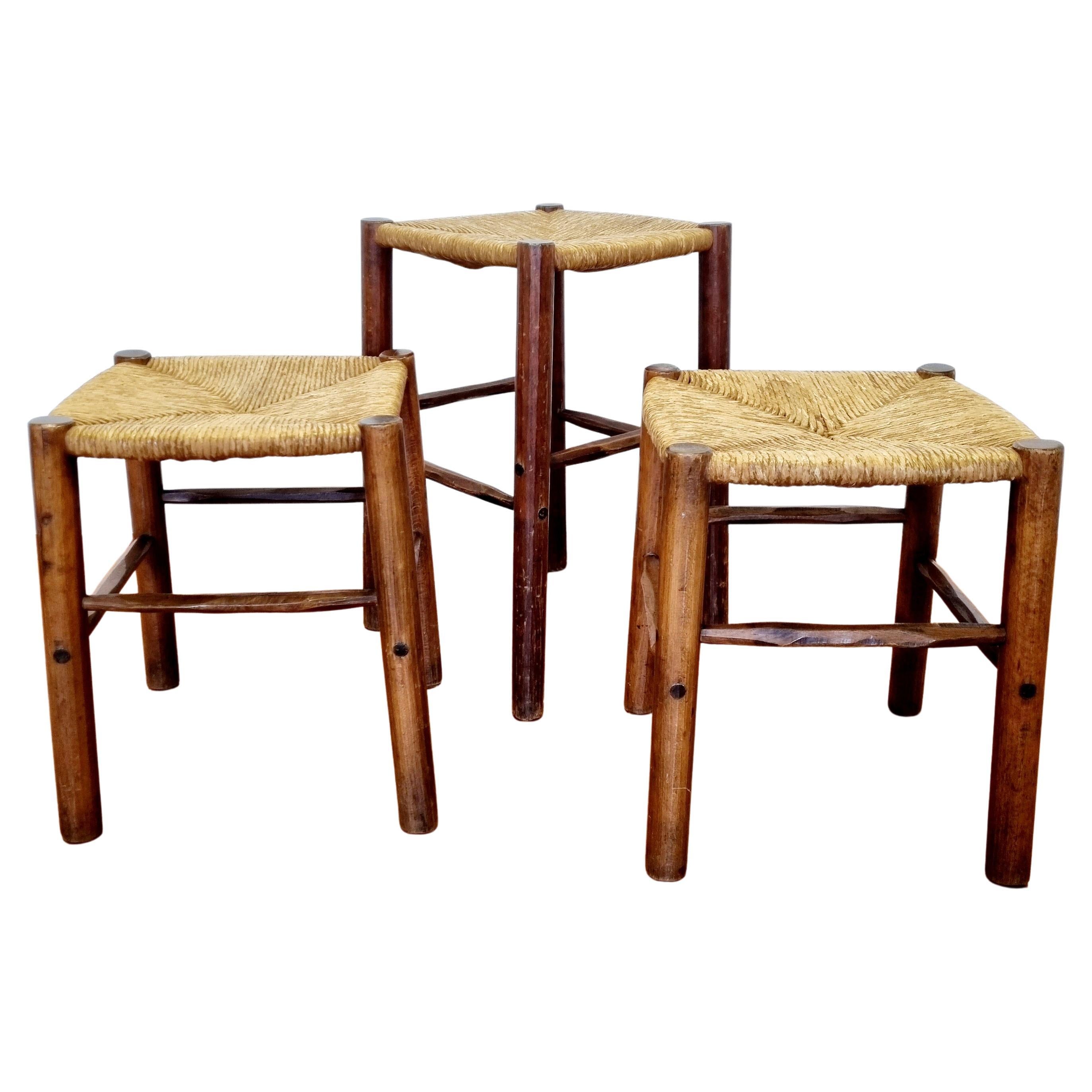 Set of Three Mid Century Rustic Wood and Cane Stools, Italy 60s
