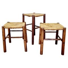 Set of Three Mid Century Rustic Wood and Cane Stools, Italy 60s