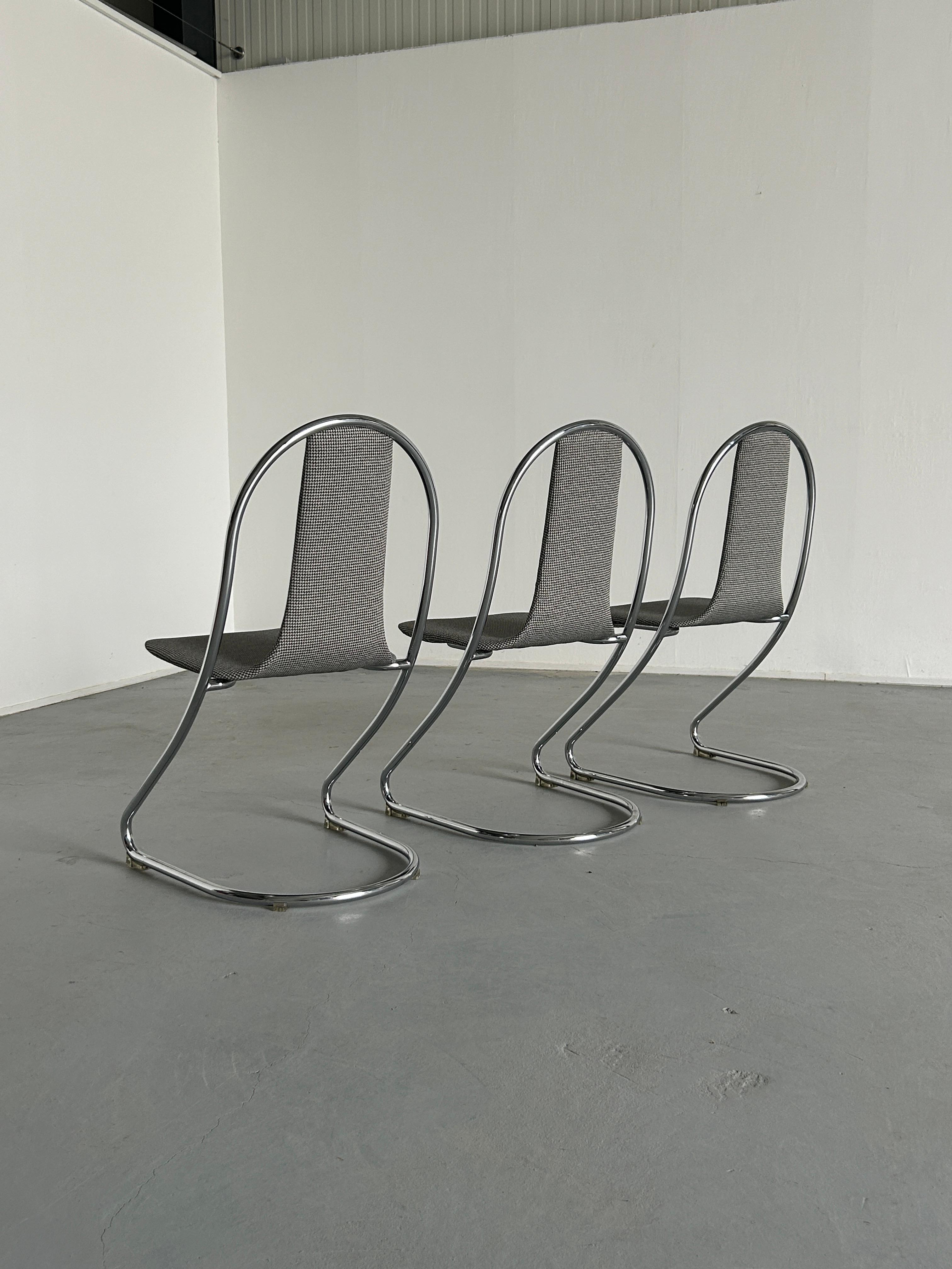1 of 3 Italian Space Age Tubular Steel Cantilever Chairs in Style of Willy Rizzo For Sale 1