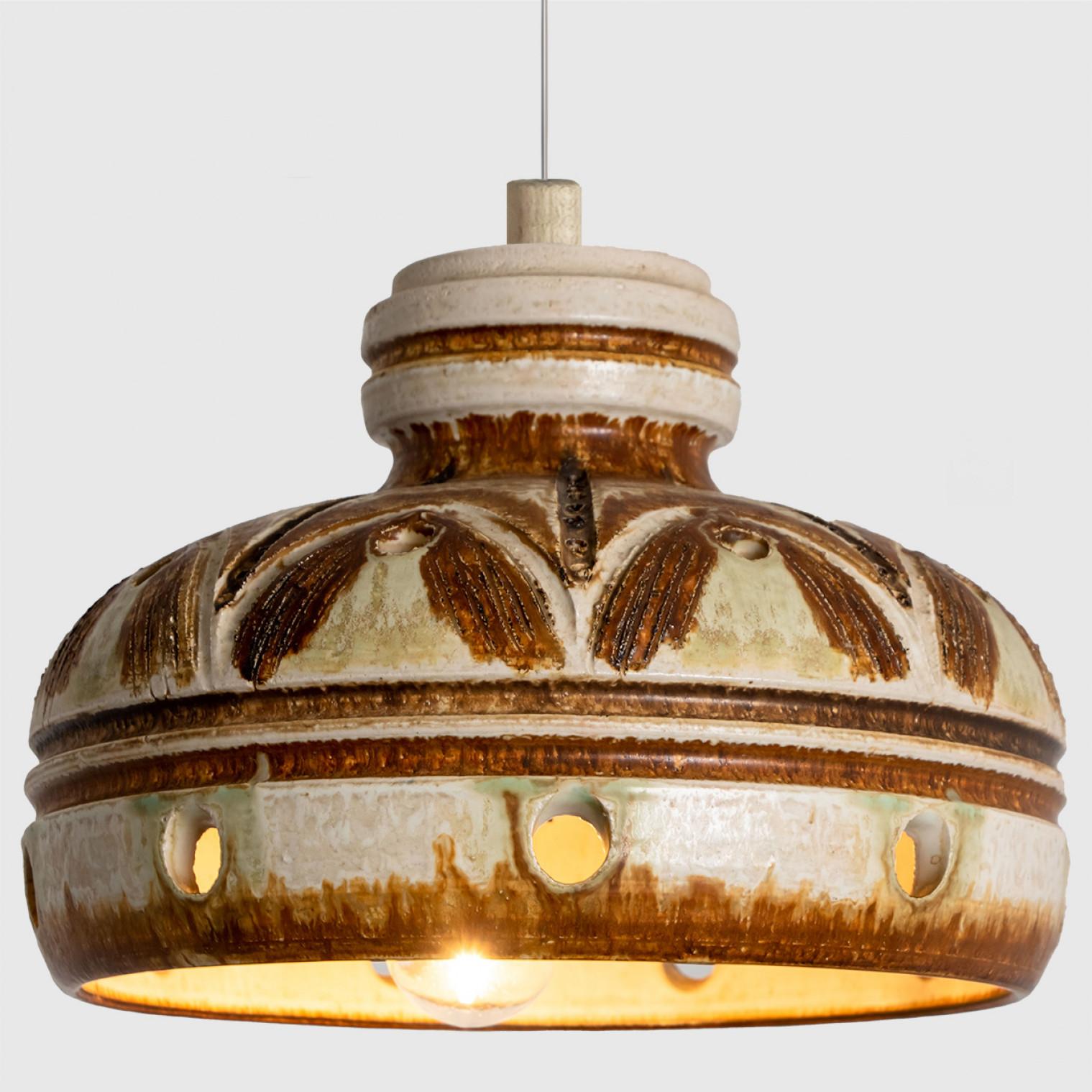Late 20th Century 1 of 3 Ivory Brown Ceramic Pendant Lights, Denmark, 1970 For Sale