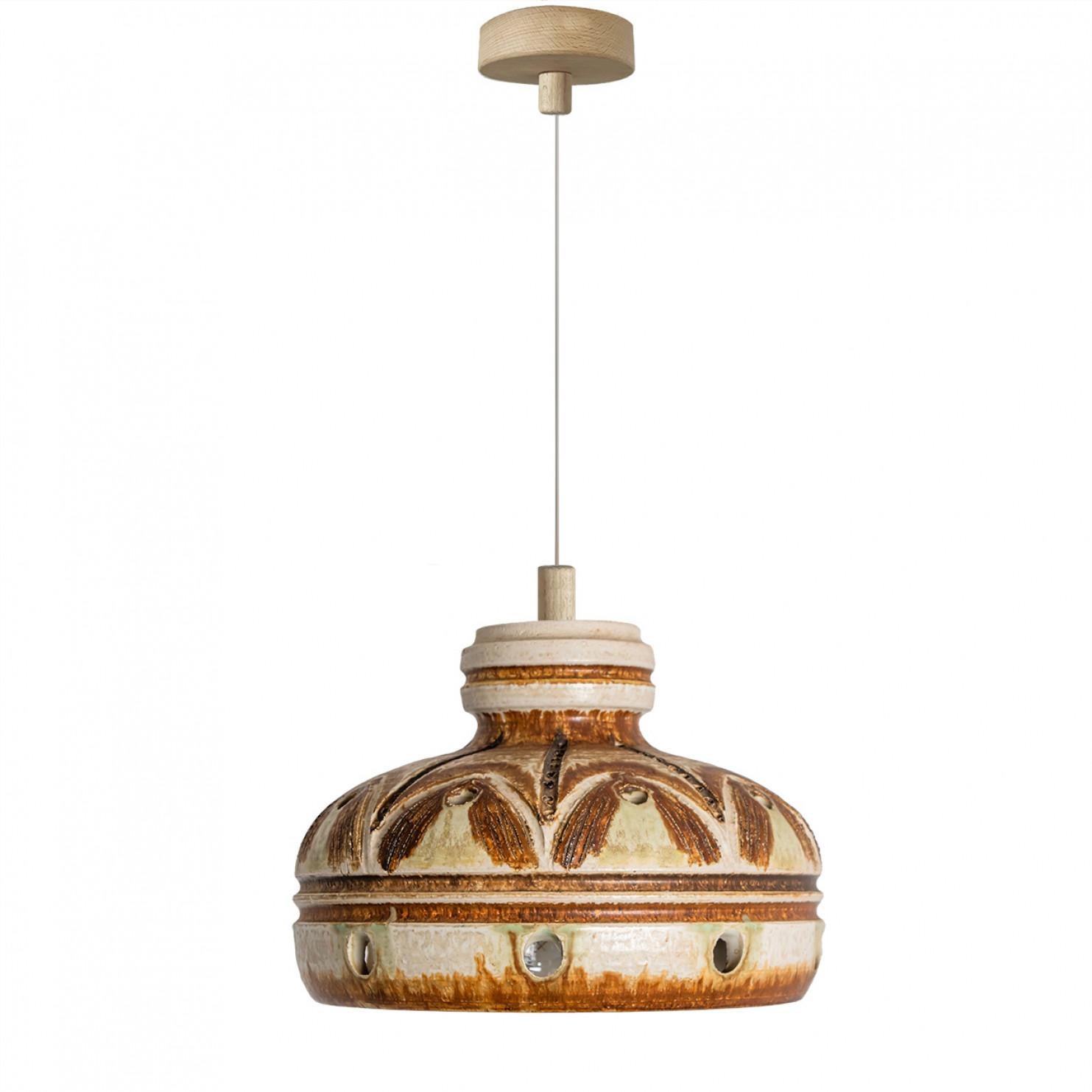 Late 20th Century 1 of 3 Ivory Brown Ceramic Pendant Lights, Denmark, 1970 For Sale
