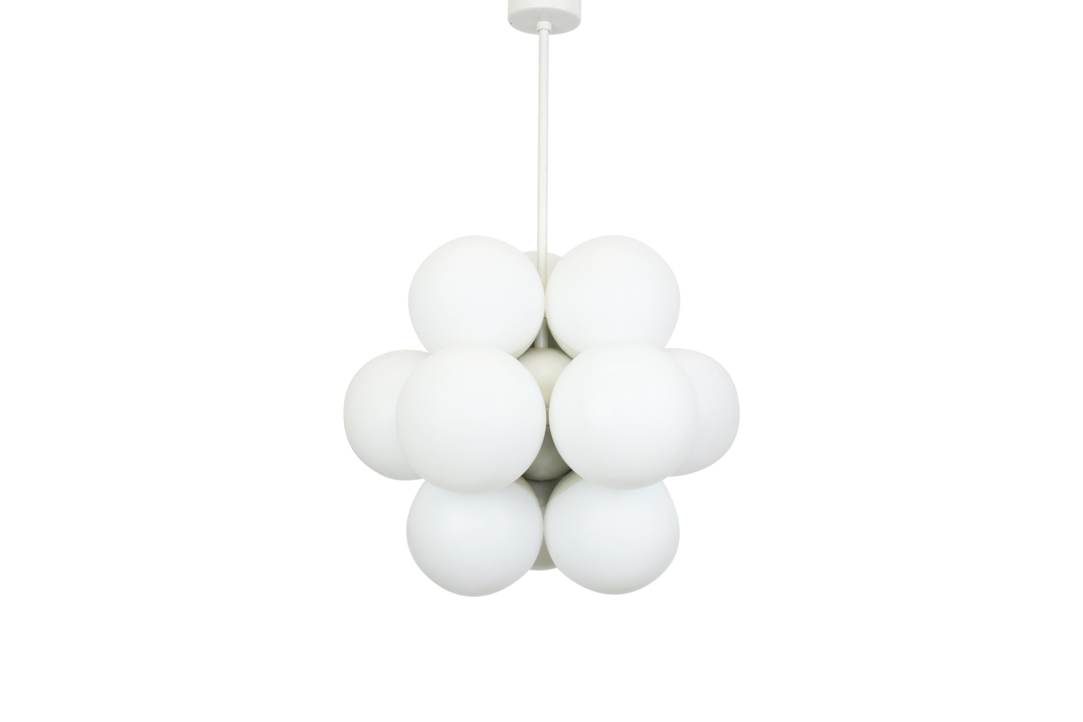 Mid-Century Modern 1 of 3 Kaiser Sputnik Molecular Shape Chandelier, 12 Opal Glass, Germany, 1970s For Sale