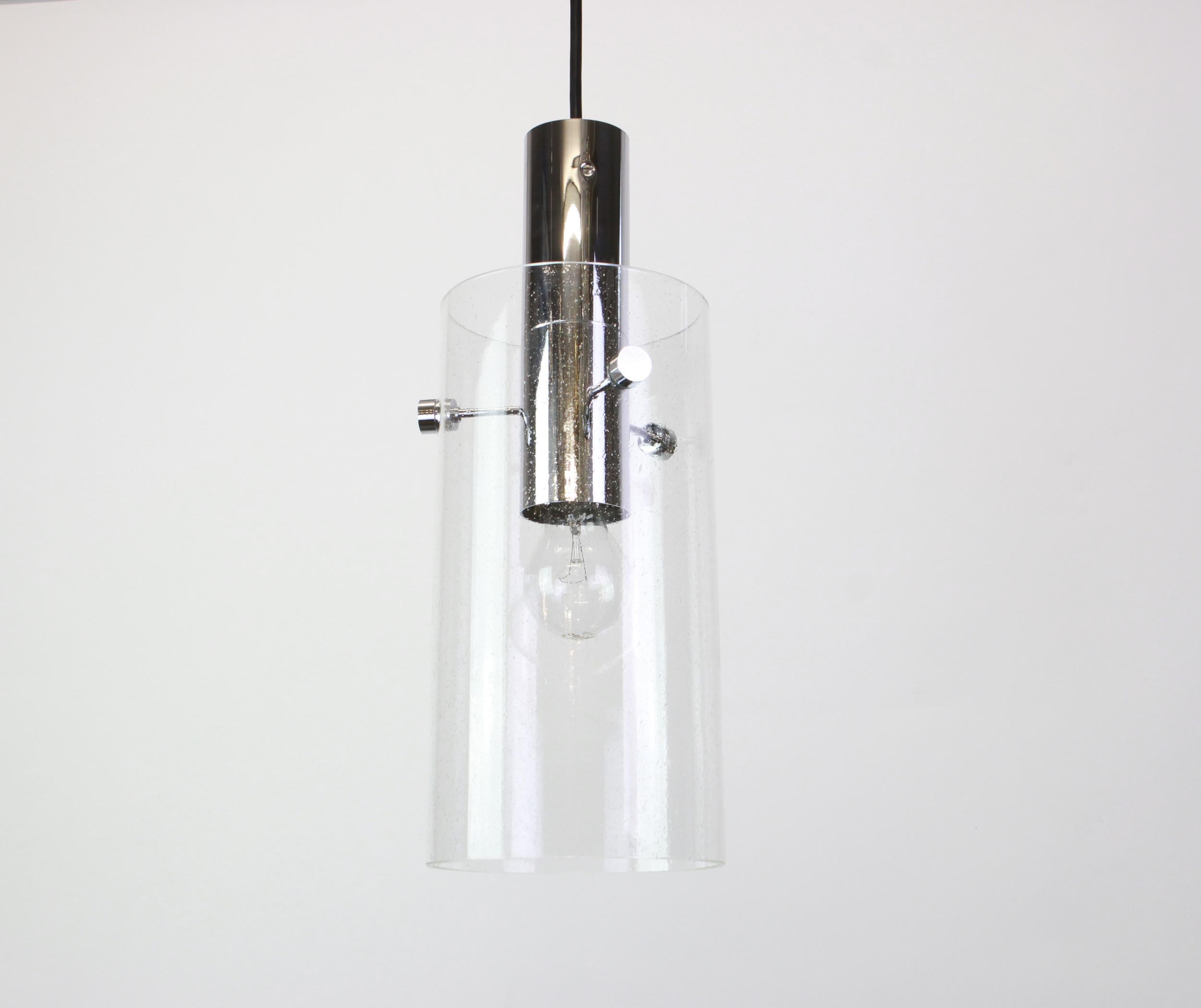 Mid-Century Modern 1 of 3 Lantern Form Pendant Cylindrical Glass Shade by Limburg, Germany, 1960s For Sale
