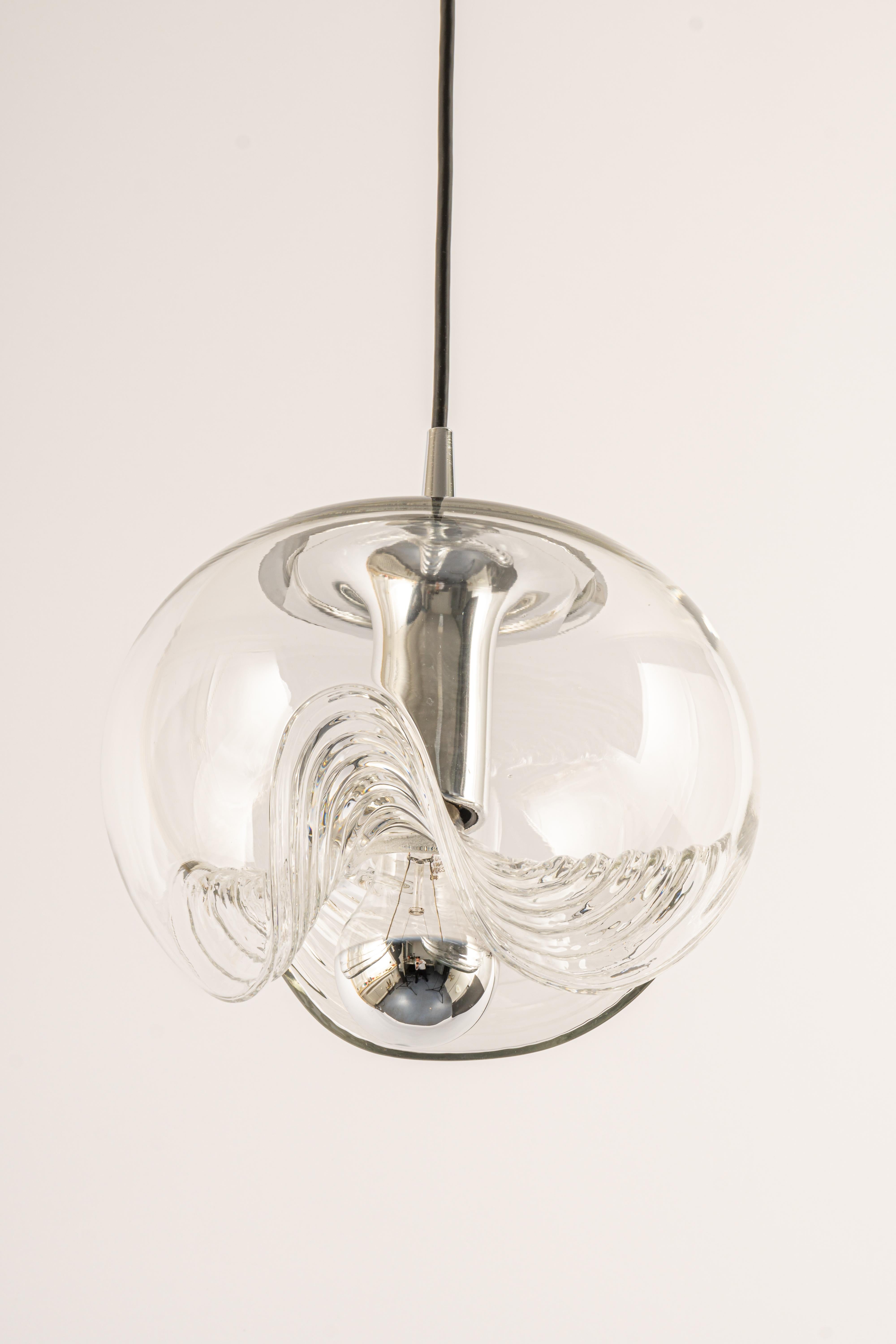 Mid-Century Modern 1 of 6 Large Clear Glass Pendant Light by Peill & Putzler, Germany, 1970s For Sale