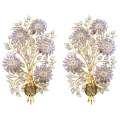 1 of 3 Large Gorgeous Flower Sconces Gilt and Crystal Glass Bagues, Palwa, 1970s