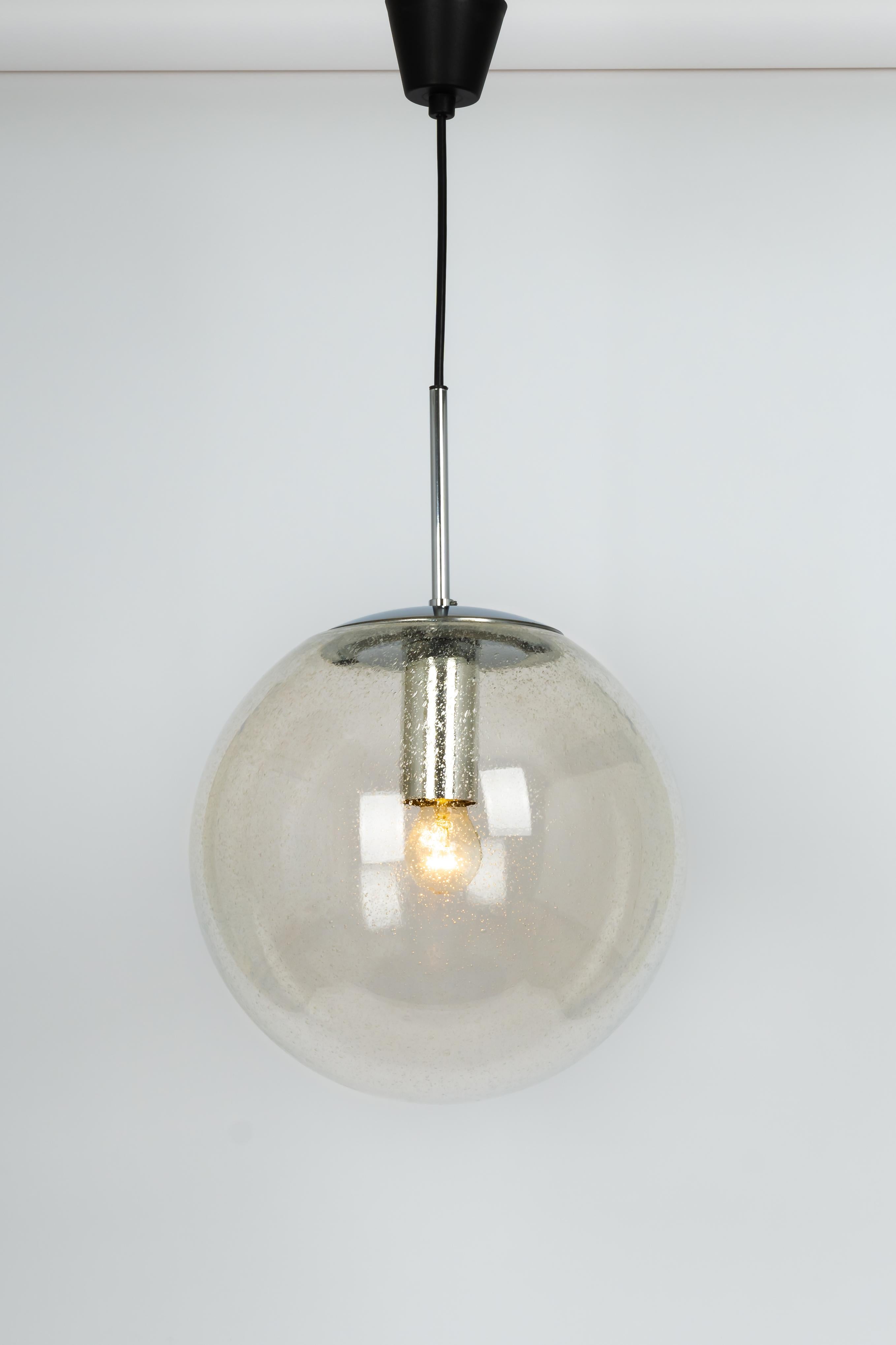 Late 20th Century 1 of 3 Large Limburg Chrome with Clear Glass Ball Pendant, Germany, 1970s For Sale