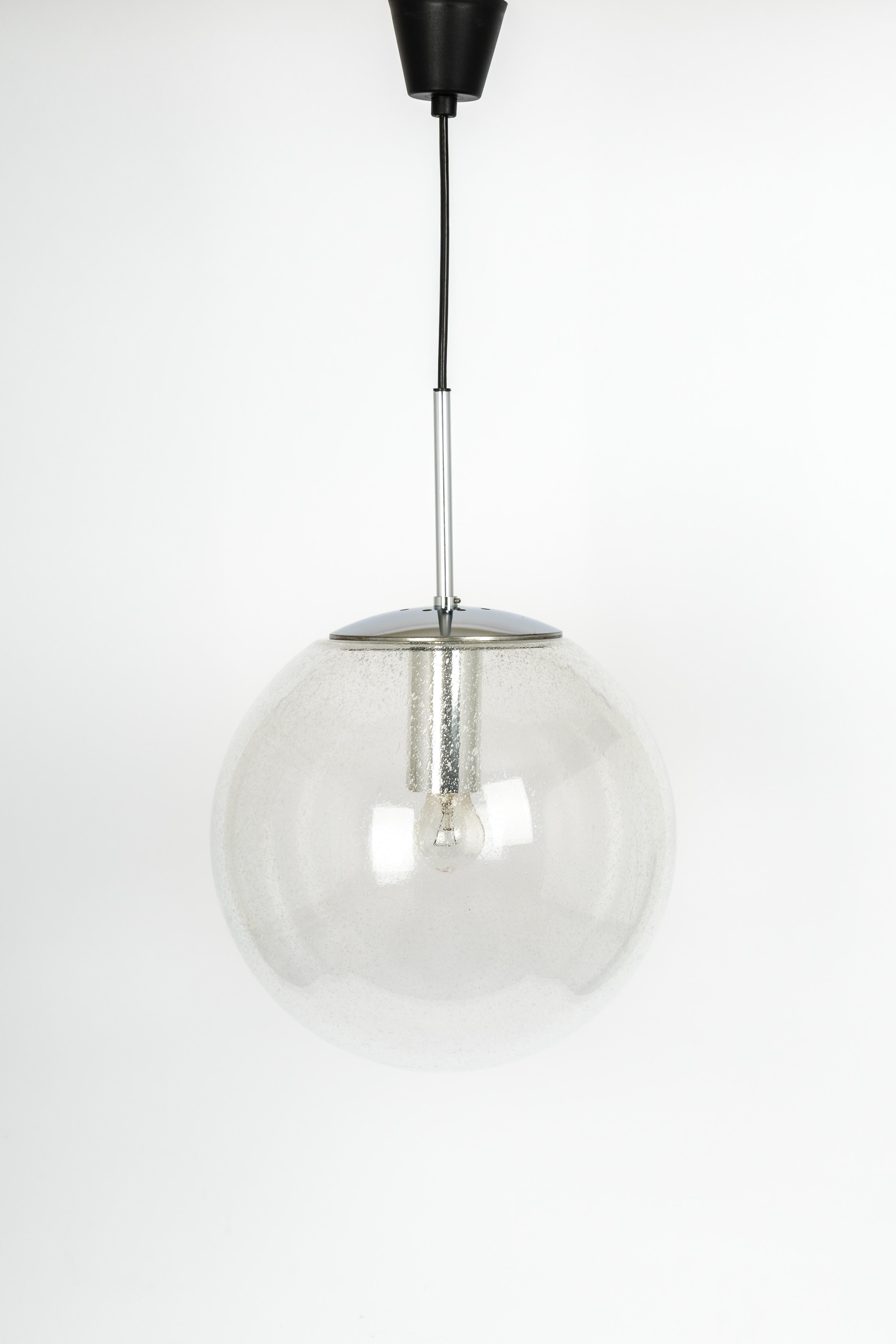 Smoked Glass 1 of 3 Large Limburg Chrome with Clear Glass Ball Pendant, Germany, 1970s For Sale