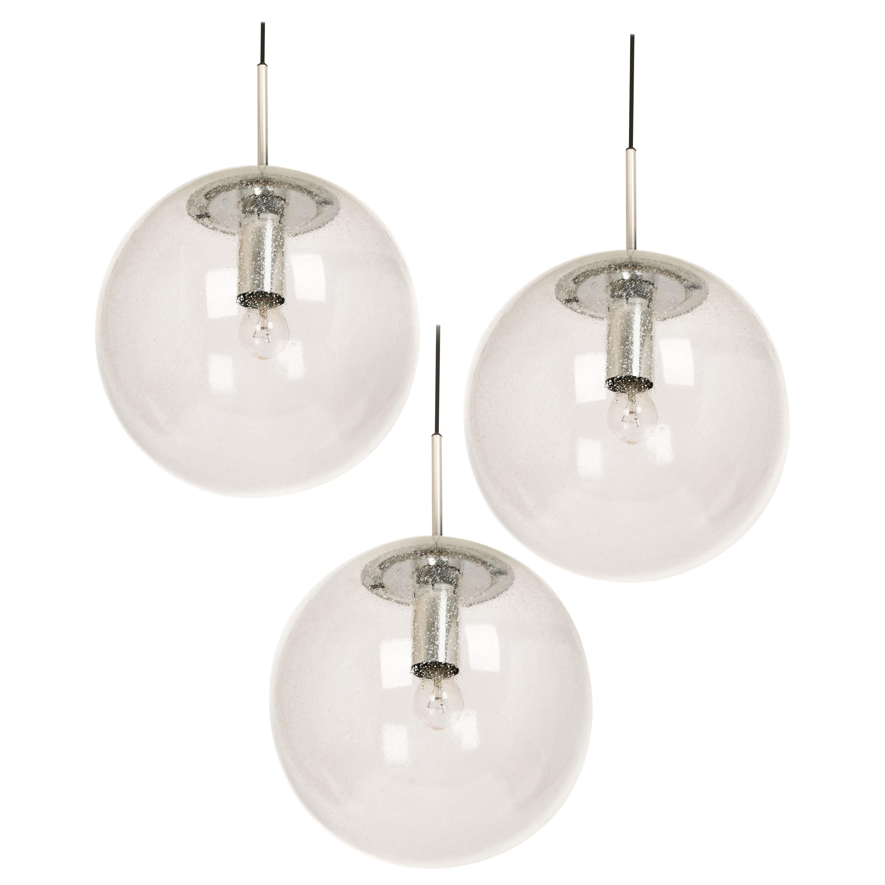 1 of 3 Large Limburg Chrome with Clear Glass Ball Pendant, Germany, 1970s