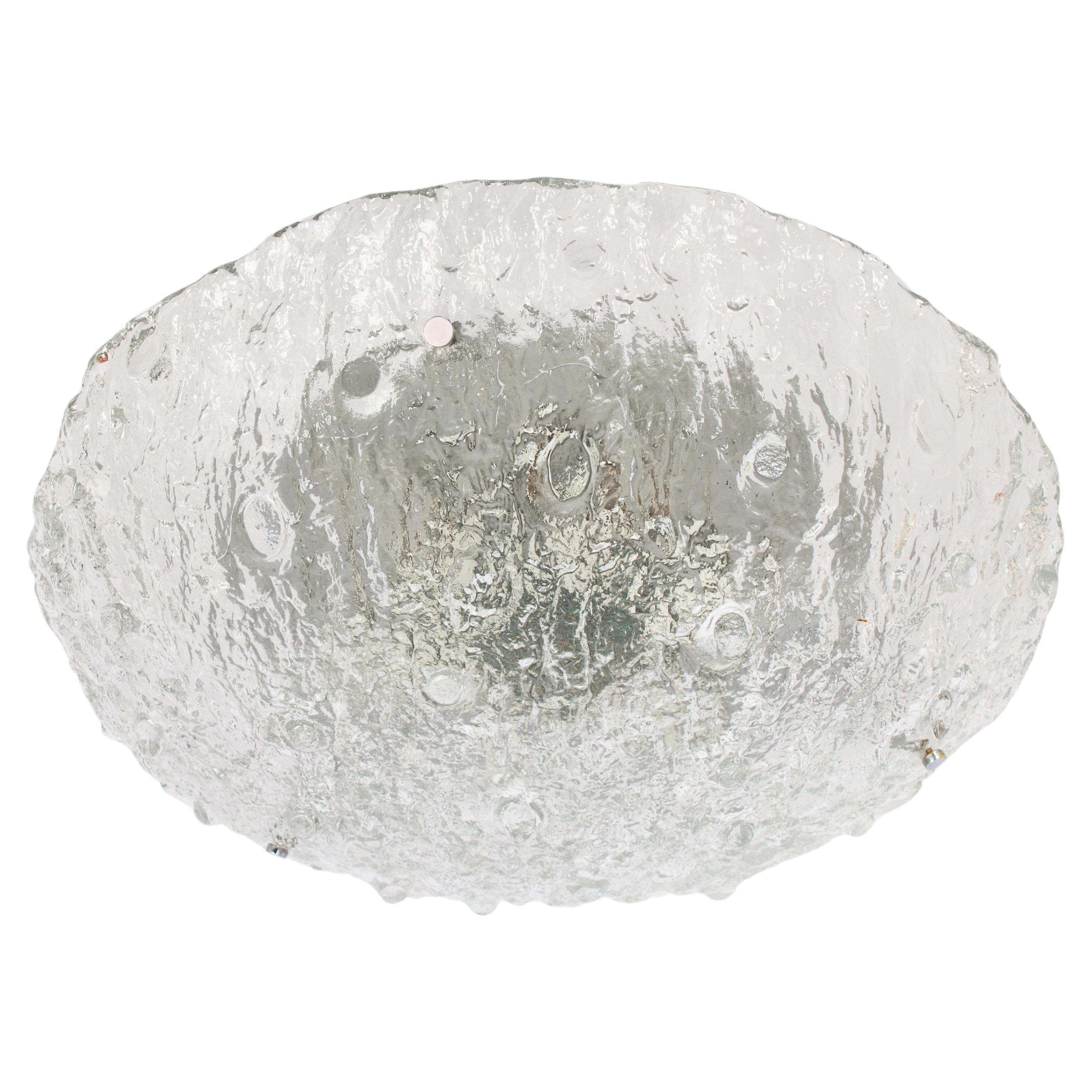 Gorgeous large round shaped flush mount with murano heavy textured clear iced glass on a metal frame with nickel screws. Manufactured in Germany in the 1970s. 

Measures: diameter 21.6
