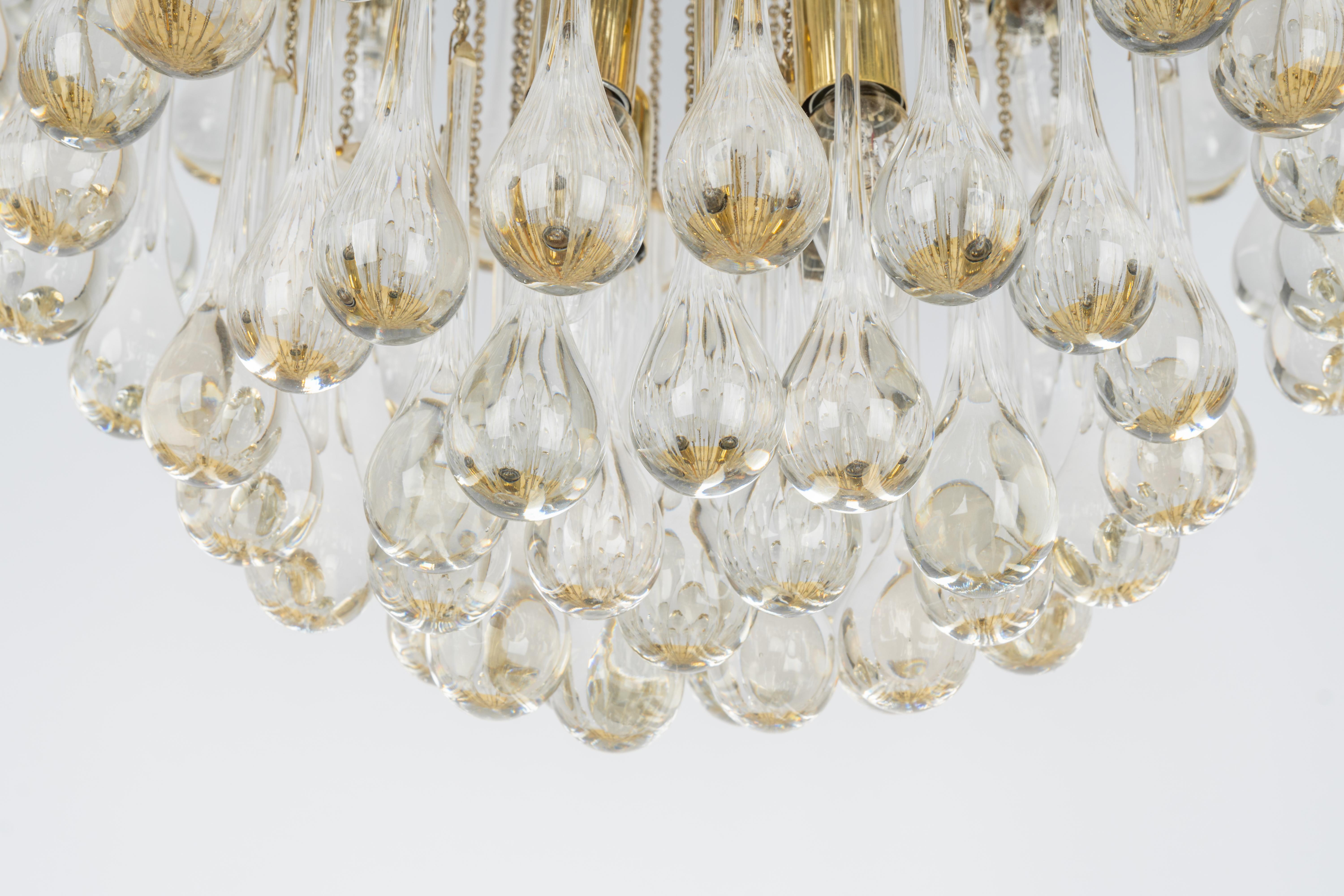 Brass 1 of 3 Large Murano Glass Tear Drop Chandelier, Christoph Palme, Germany, 1970s For Sale