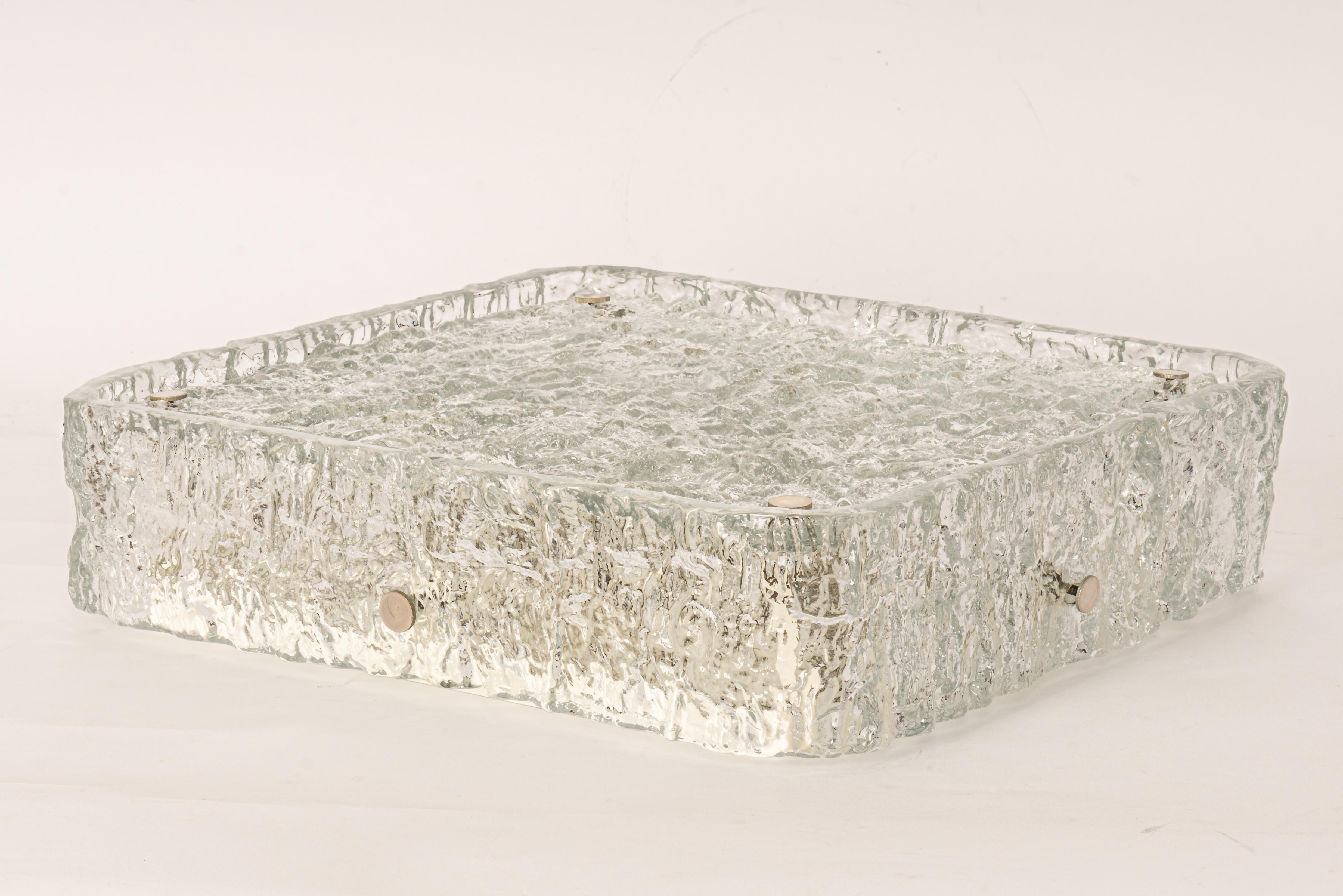 Mid-Century Modern 1 of 3 Large Square Murano Ice Glass Flushmount, Kaiser, Germany, 1970s For Sale