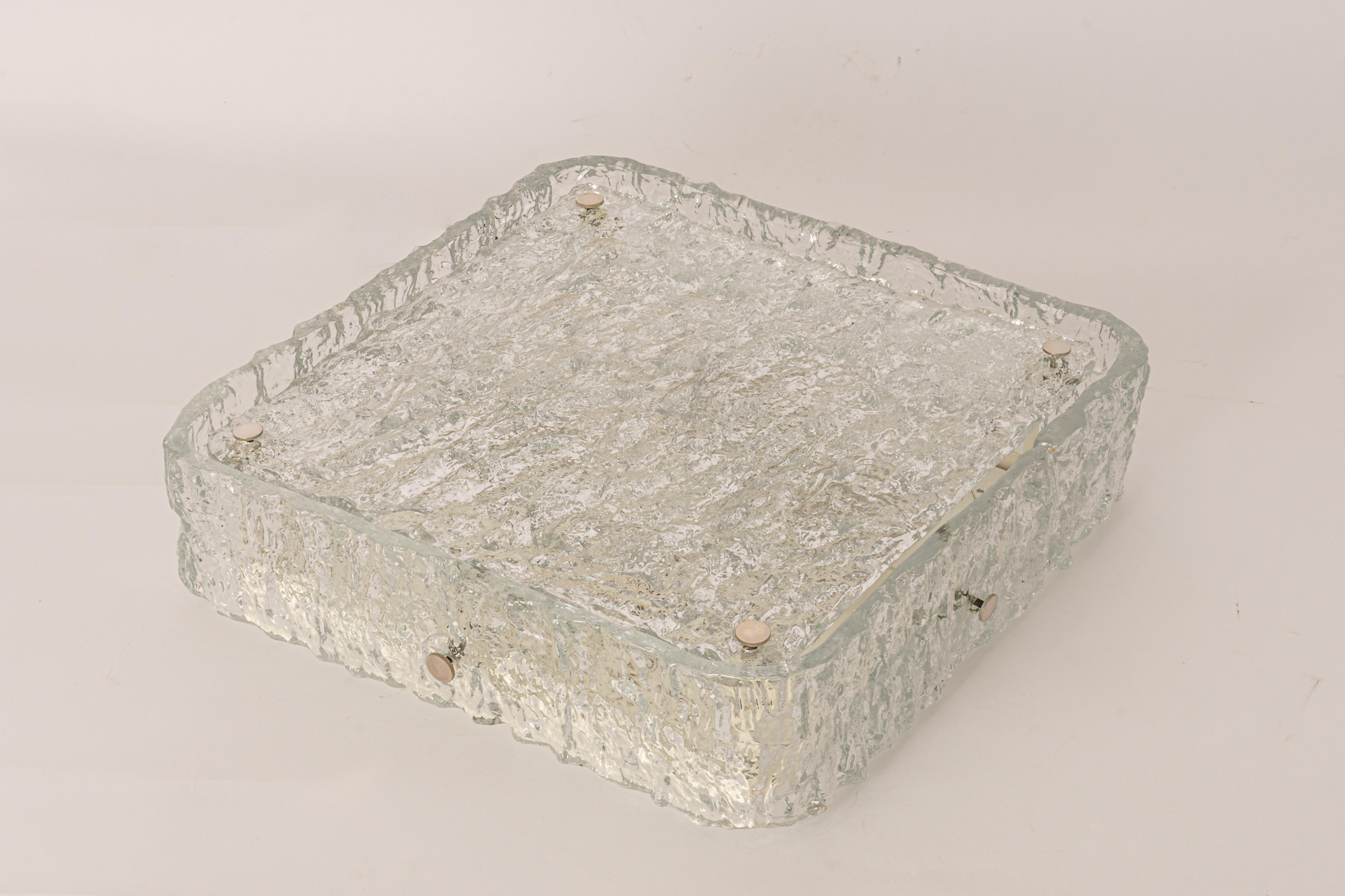 1 of 3 Large Square Murano Ice Glass Flushmount, Kaiser, Germany, 1970s For Sale 1