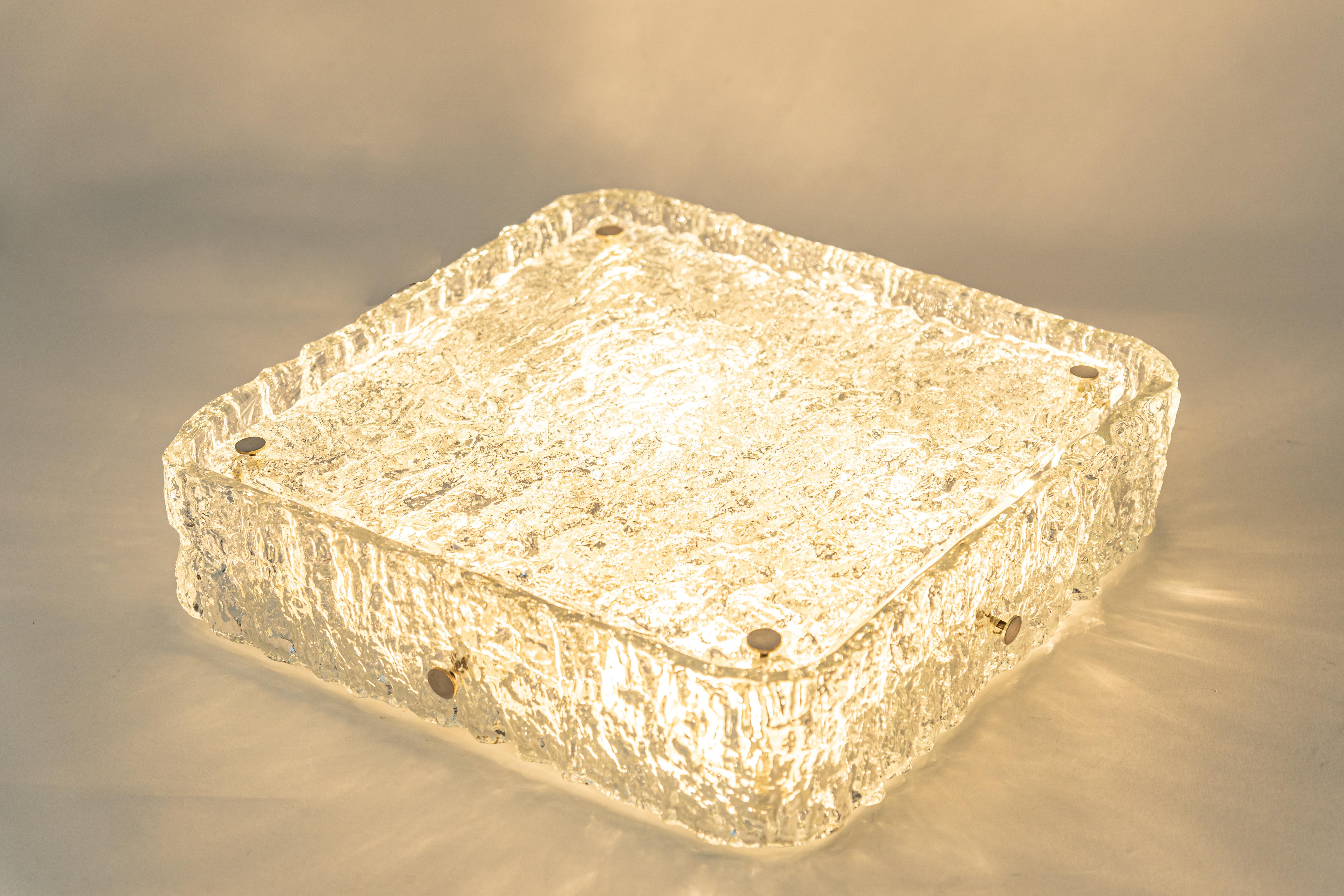 1 of 3 Large Square Murano Ice Glass Flushmount, Kaiser, Germany, 1970s For Sale 3