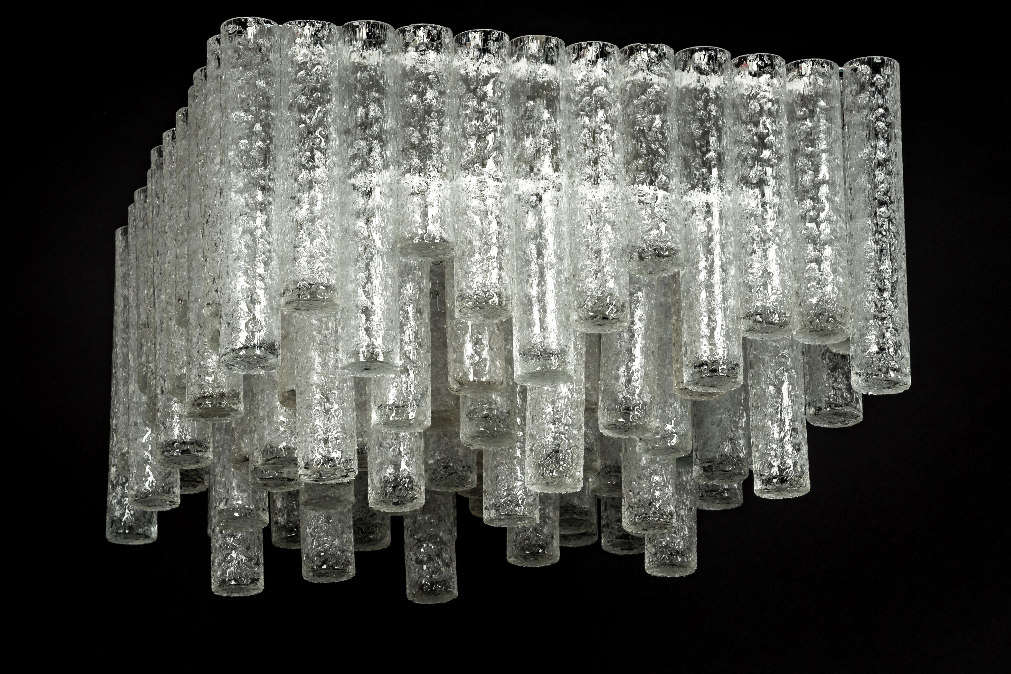 1 of 3 Large Stunning Murano Ice Glass Tubes Flush Mount by Doria Germany, 1960s For Sale 1