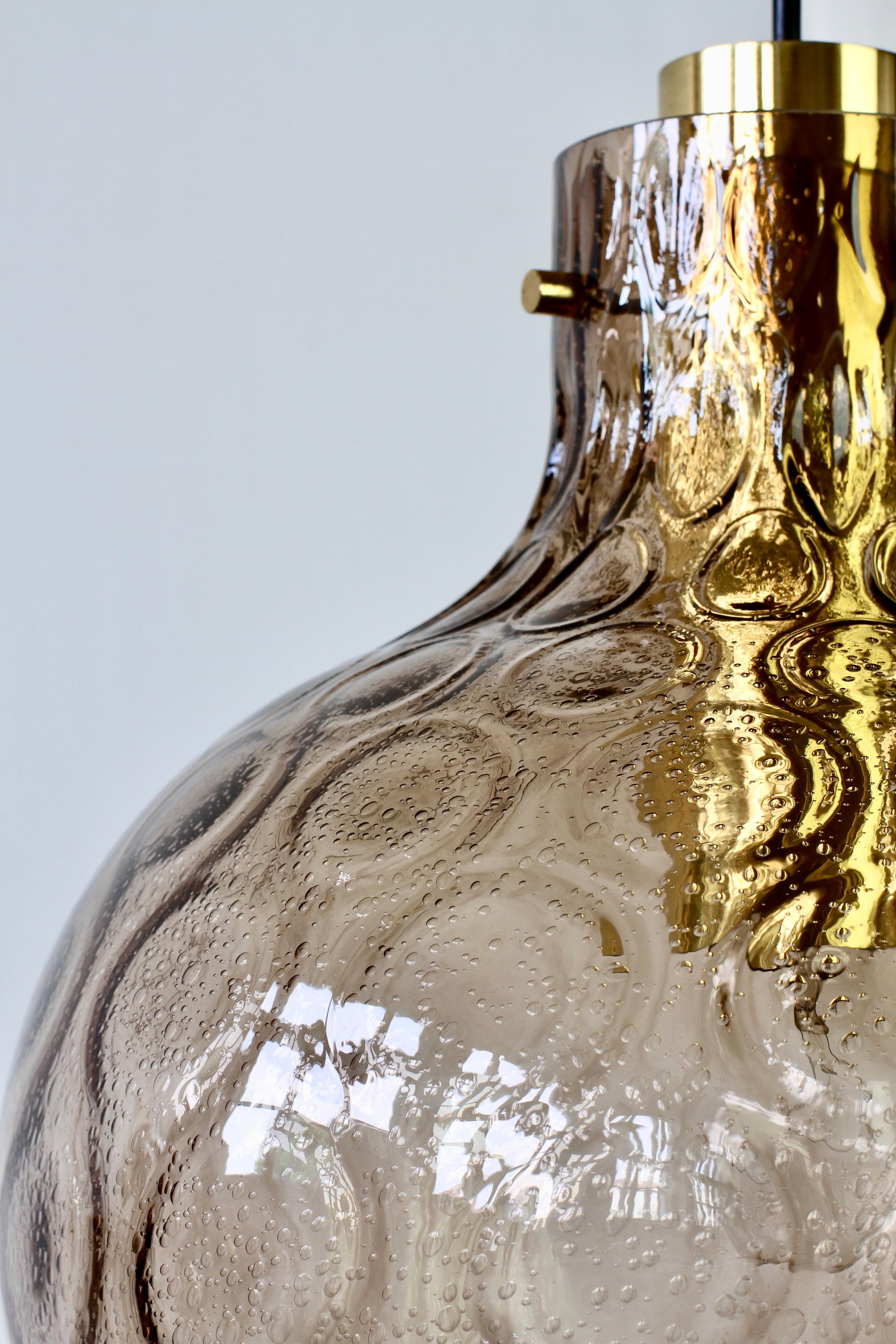 1 of 3 Large Vintage 1970s Bell Shaped Smoked Glass & Brass Globe Pendant Lights For Sale 4