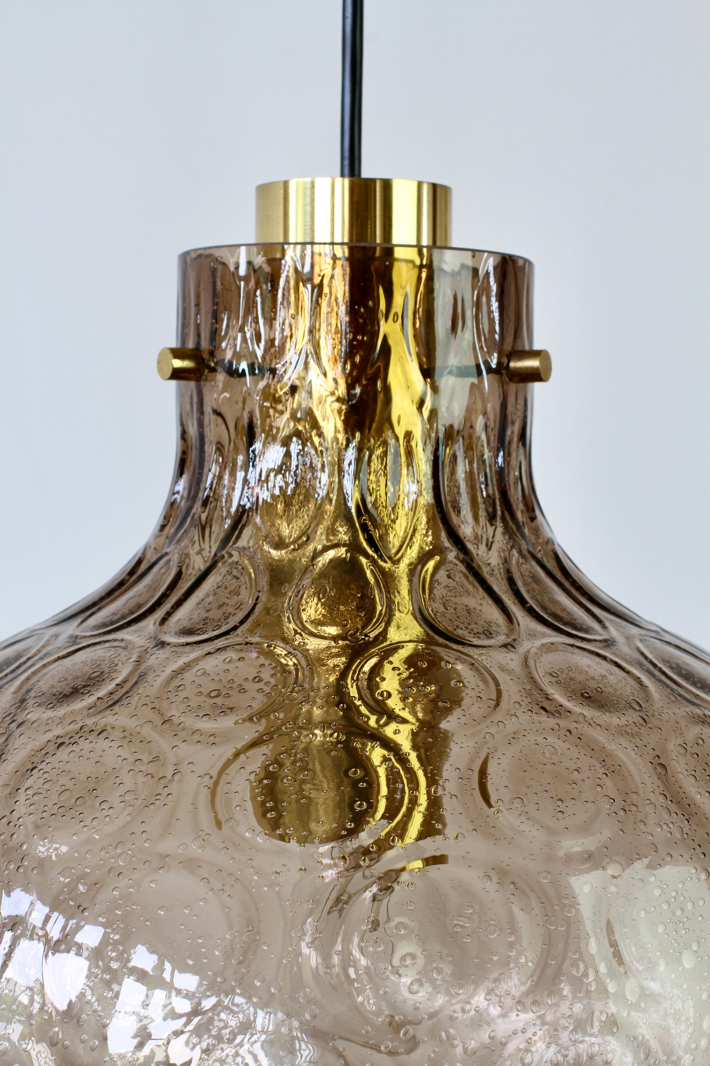 1 of 3 Large Vintage 1970s Bell Shaped Smoked Glass & Brass Globe Pendant Lights For Sale 5