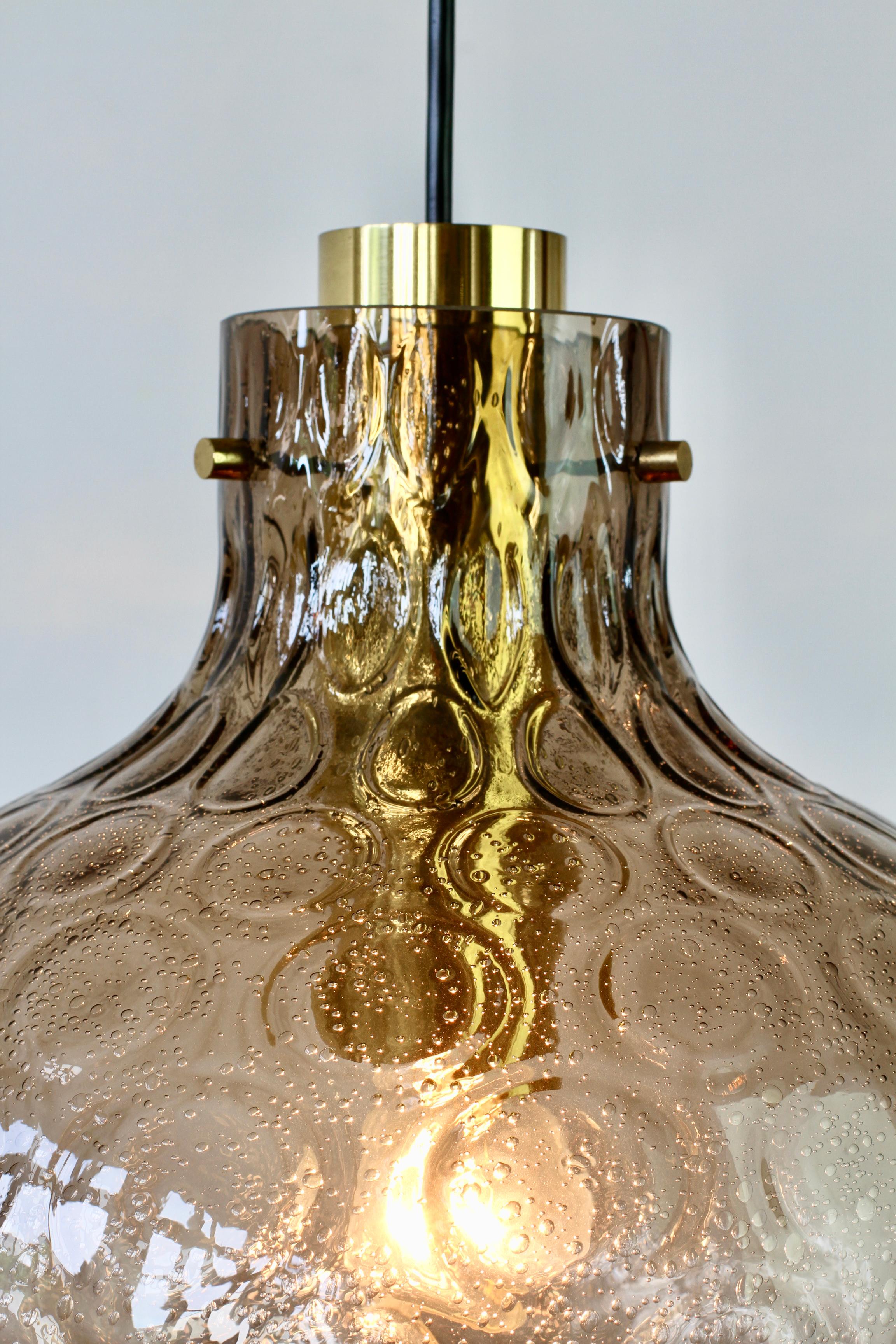 1 of 3 Large Vintage 1970s Bell Shaped Smoked Glass & Brass Globe Pendant Lights For Sale 6