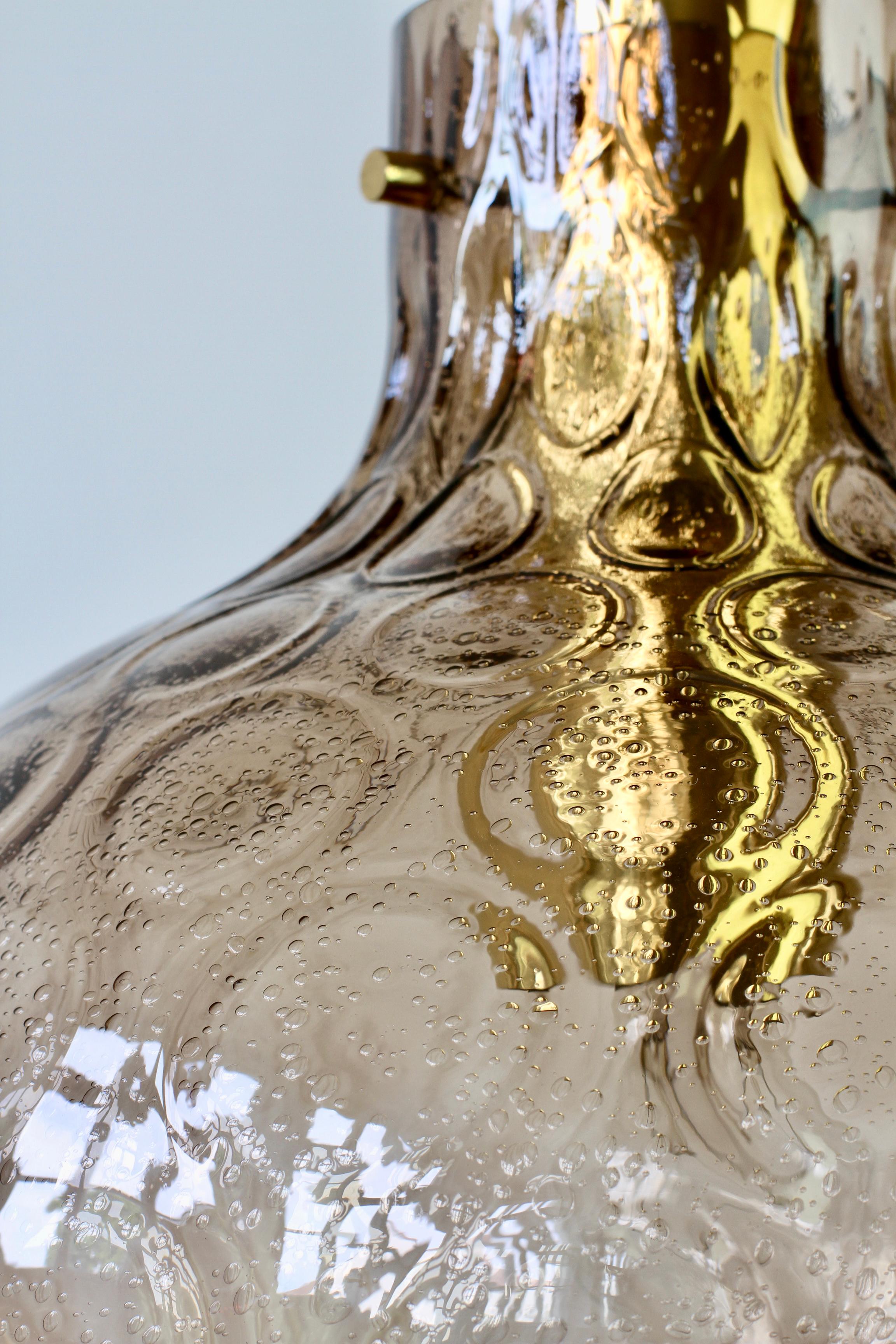 1 of 3 Large Vintage 1970s Bell Shaped Smoked Glass & Brass Globe Pendant Lights For Sale 7