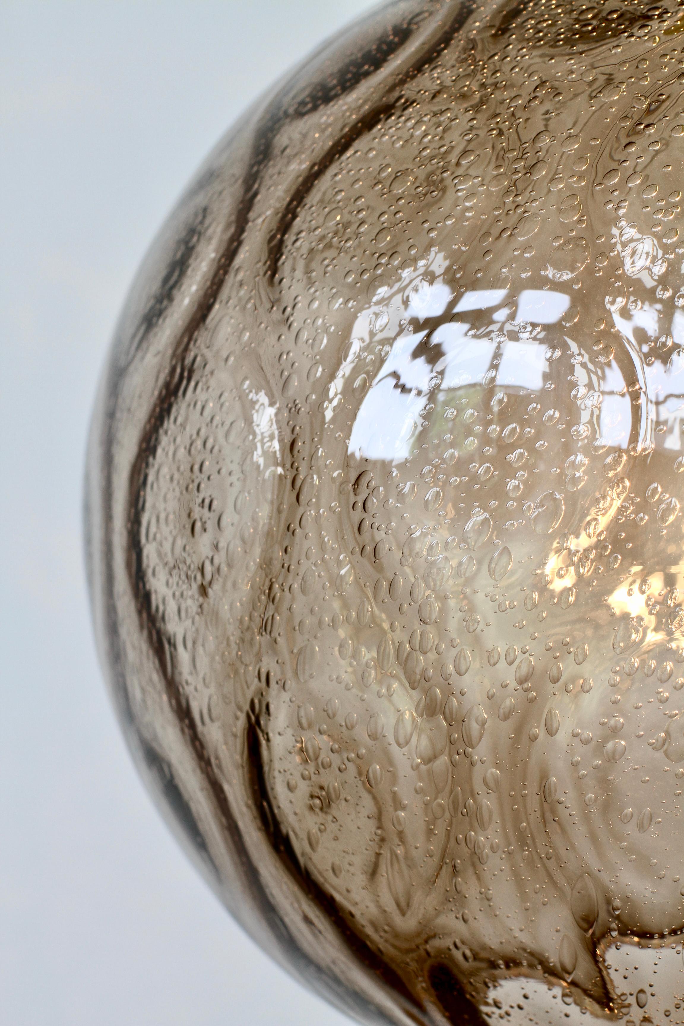 1 of 3 Large Vintage 1970s Bell Shaped Smoked Glass & Brass Globe Pendant Lights For Sale 8
