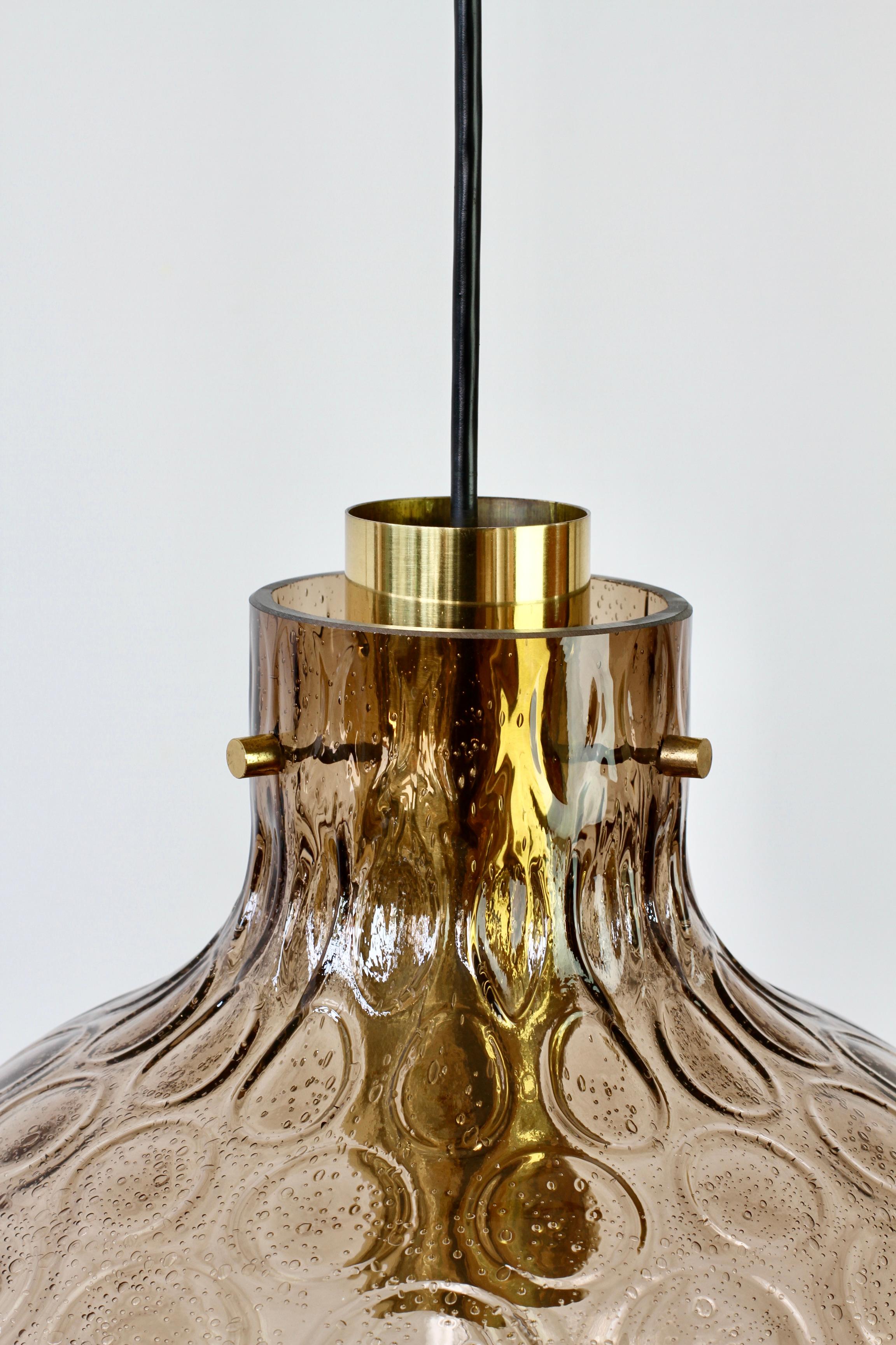 1 of 3 Large Vintage 1970s Bell Shaped Smoked Glass & Brass Globe Pendant Lights For Sale 9