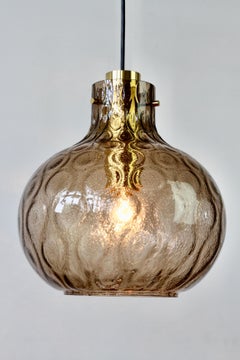 1 of 3 Large Vintage 1970s Bell Shaped Smoked Glass & Brass Globe Pendant Lights