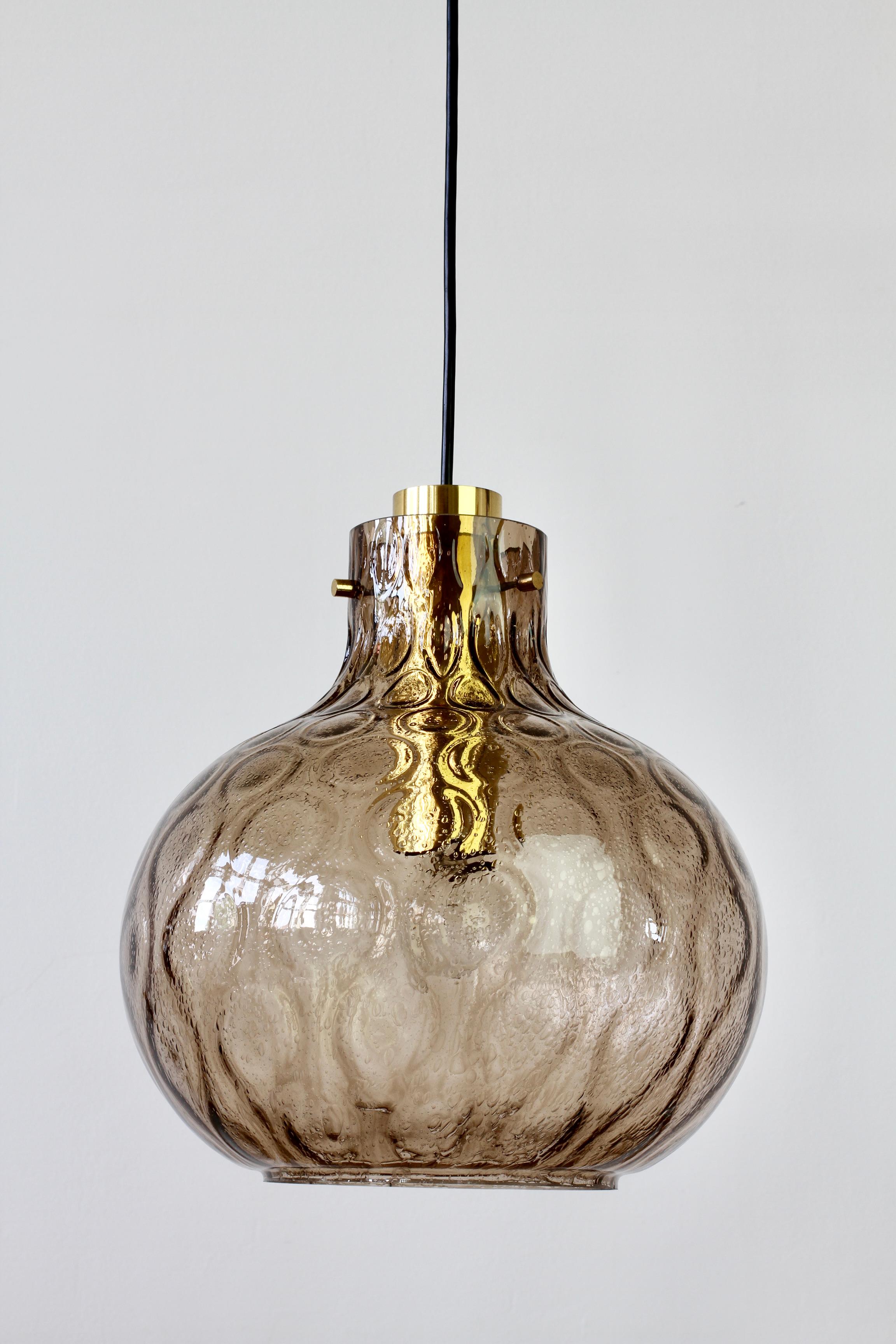 Molded 1 of 3 Large Vintage 1970s Bell Shaped Smoked Glass & Brass Globe Pendant Lights For Sale
