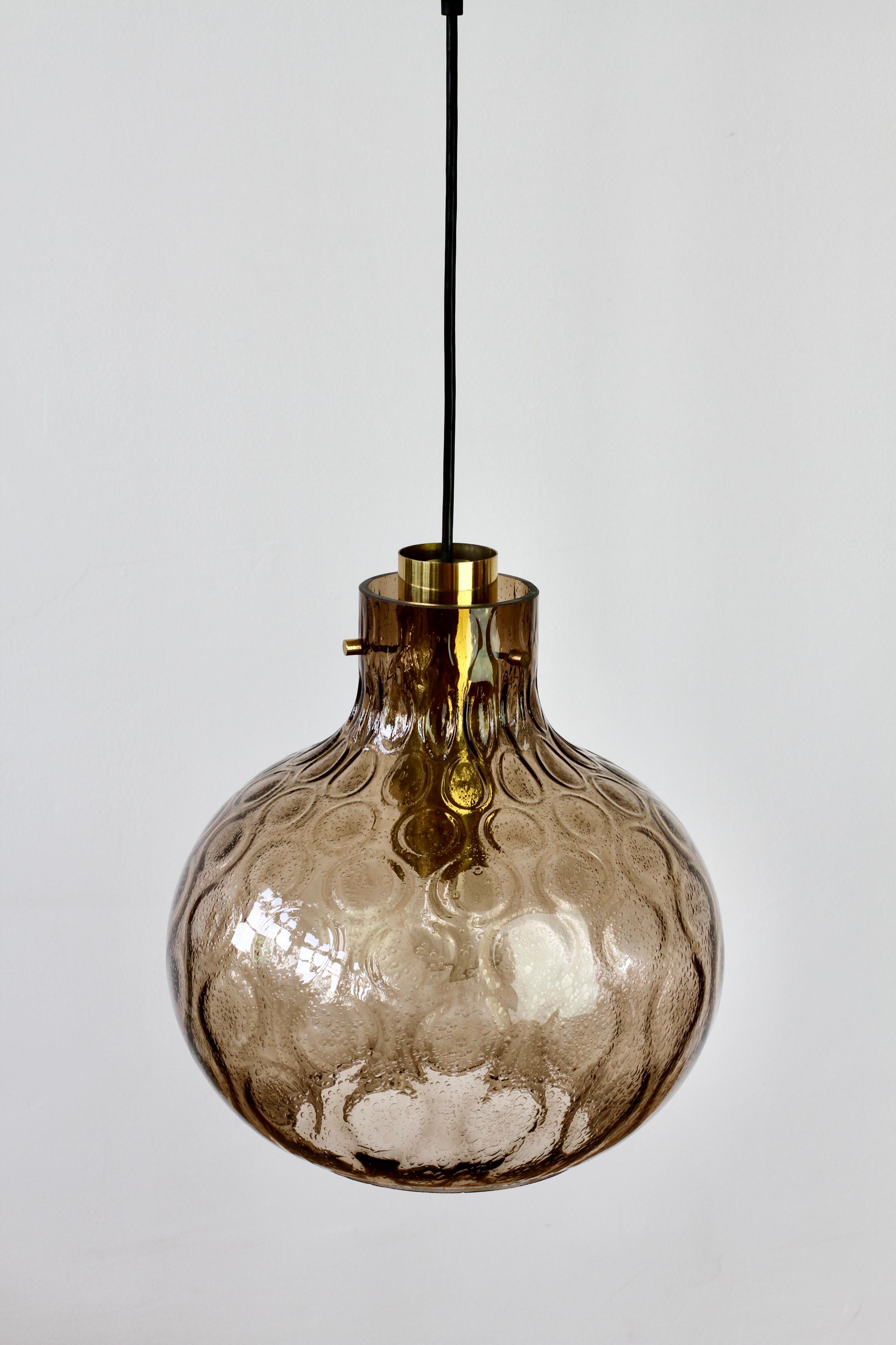 1 of 3 Large Vintage 1970s Bell Shaped Smoked Glass & Brass Globe Pendant Lights For Sale 1