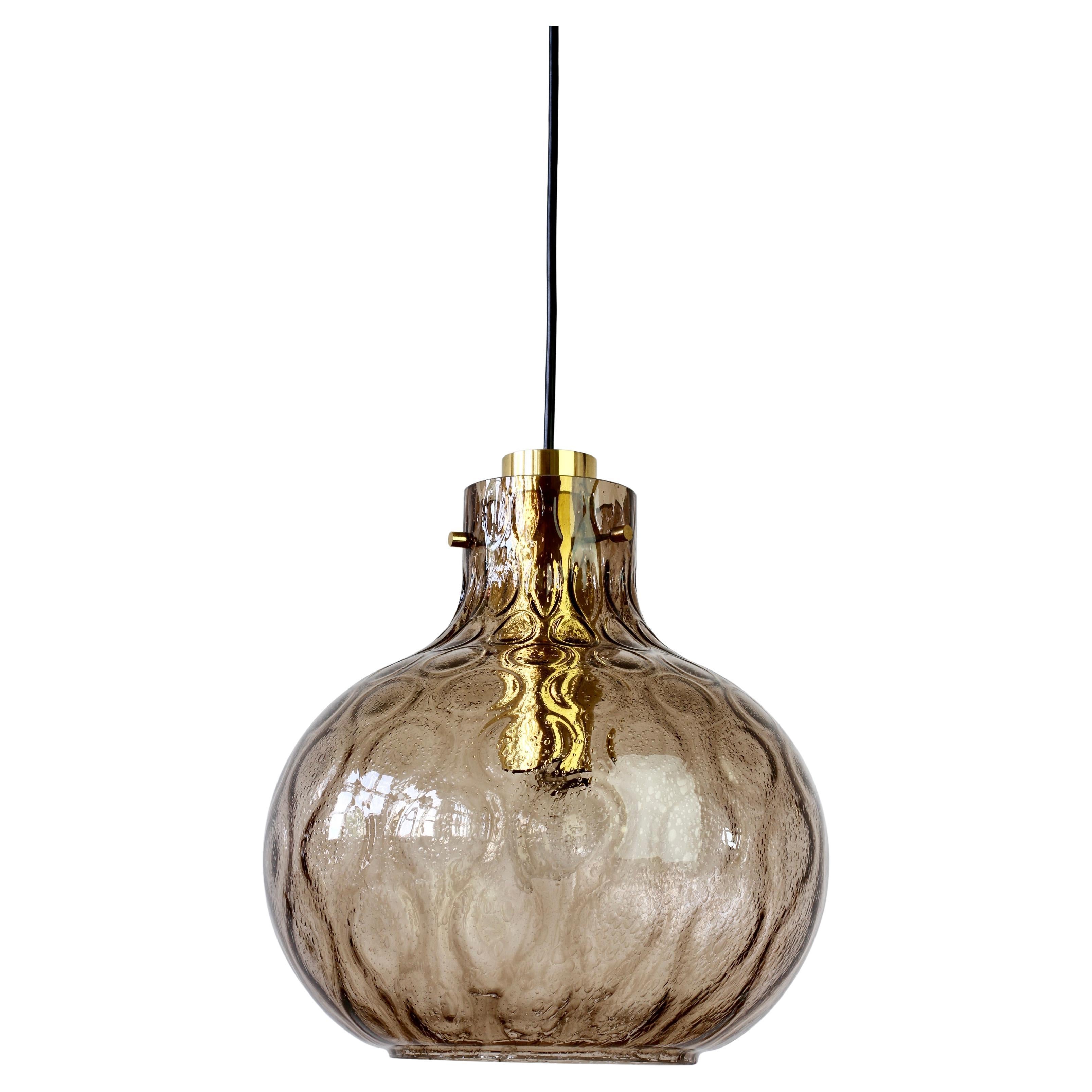 1 of 3 Large Vintage 1970s Bell Shaped Smoked Glass & Brass Globe Pendant Lights For Sale