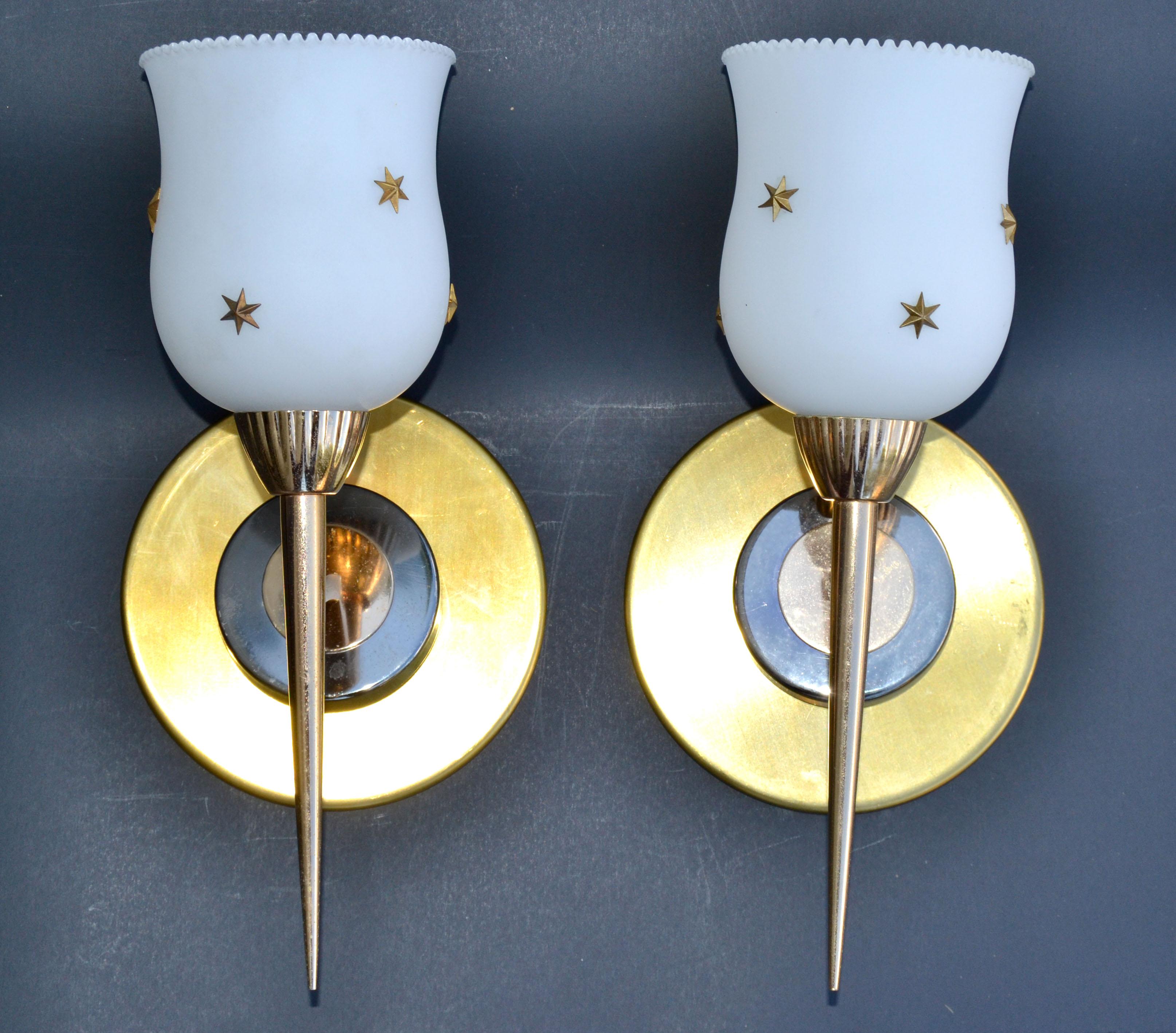  5 Maison Arlus Brass & Gunmetal Sconce Brass Stars Opaline Glass Shade 1960 For Sale 4