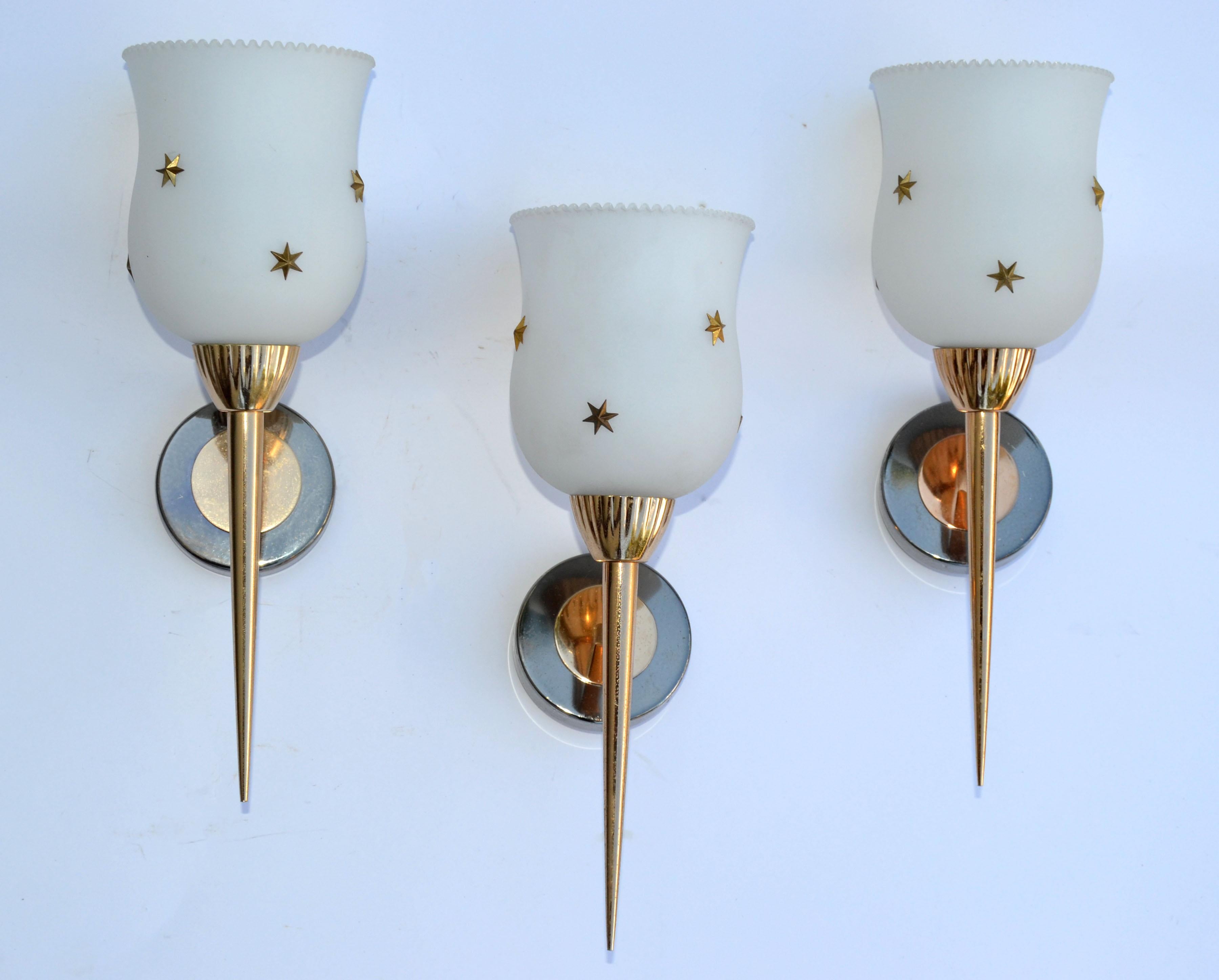  5 Maison Arlus Brass & Gunmetal Sconce Brass Stars Opaline Glass Shade 1960 For Sale 5