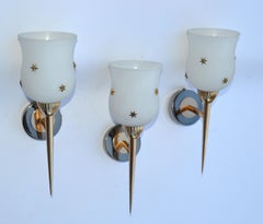 5 Maison Arlus Brass & Gunmetal Sconce Brass Stars Opaline Glass Shade 1960