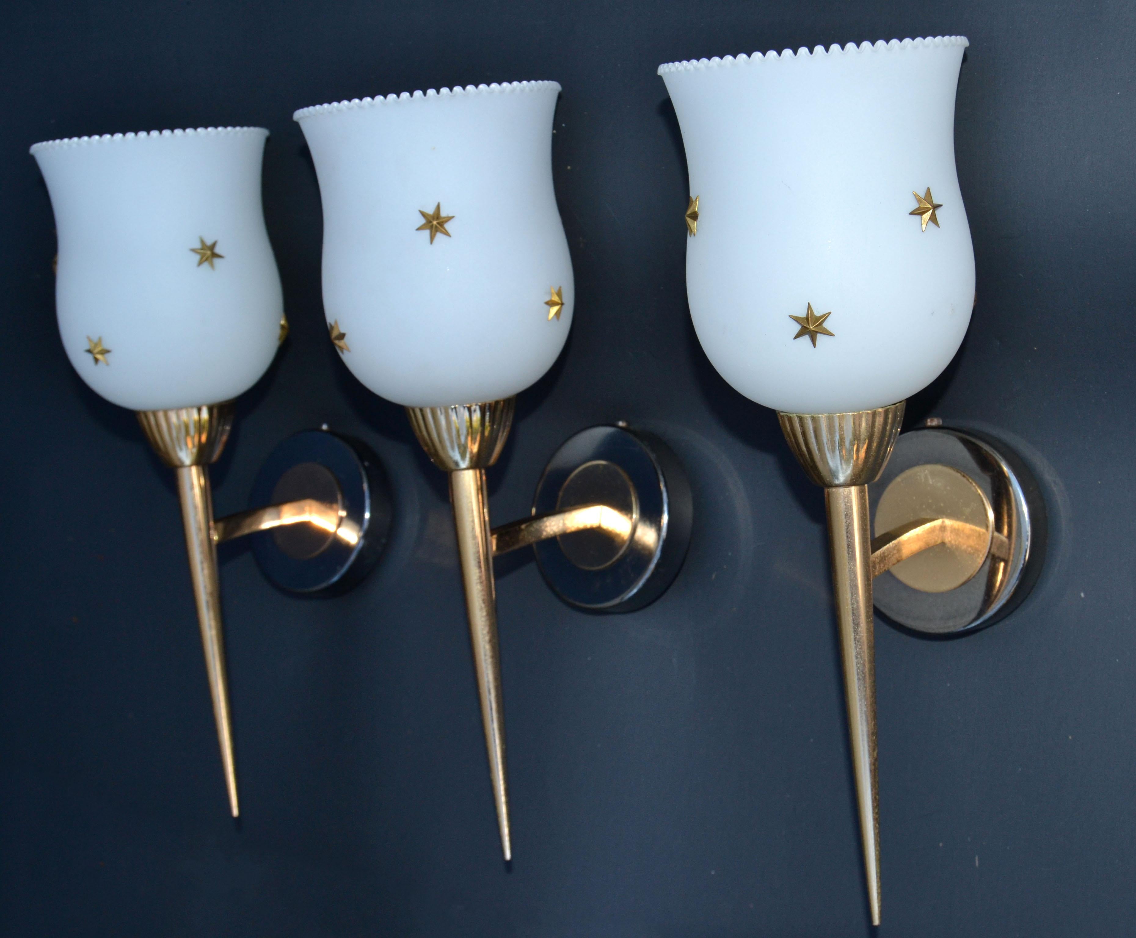 Mid-Century Modern  5 Maison Arlus Brass & Gunmetal Sconce Brass Stars Opaline Glass Shade 1960 For Sale