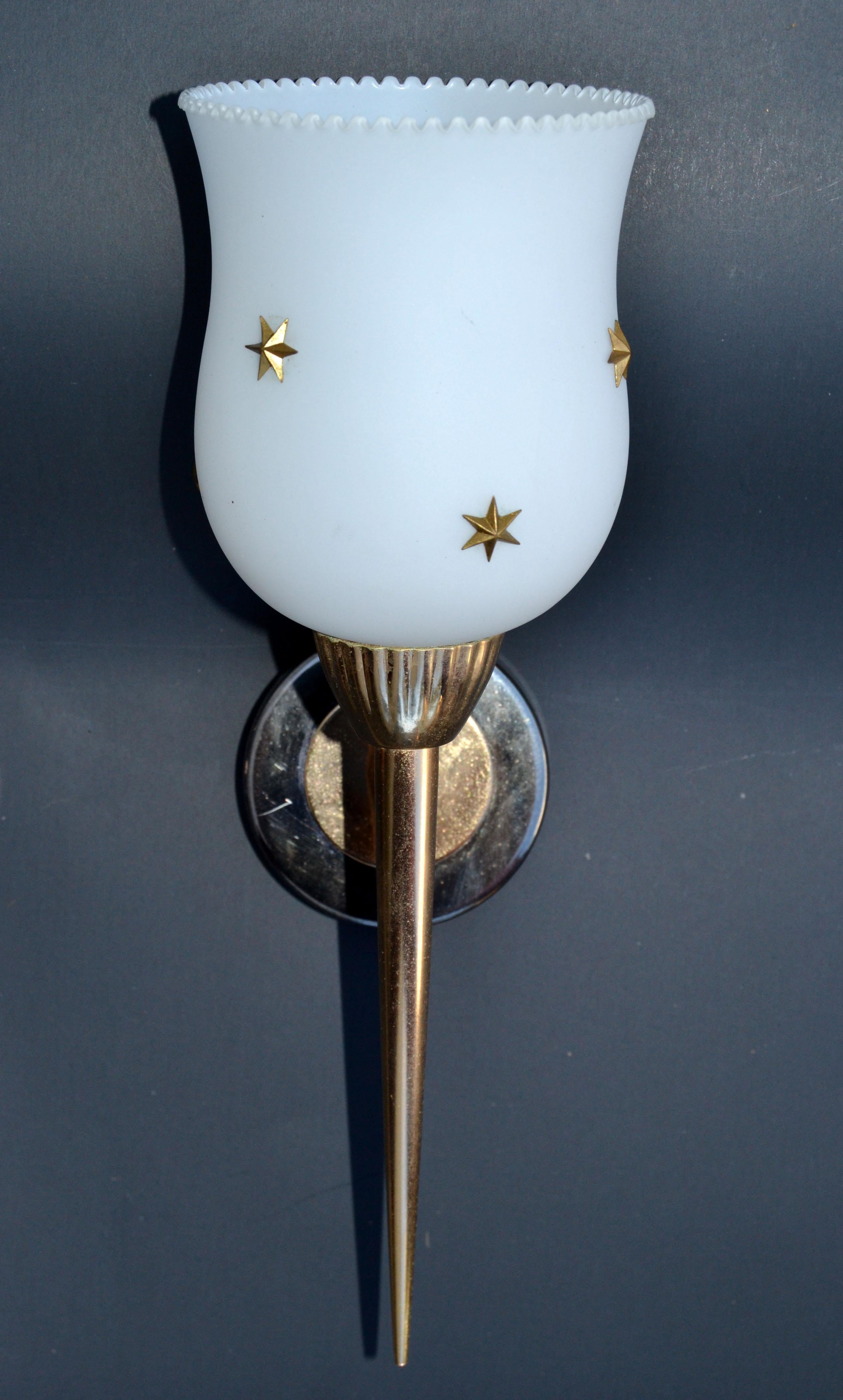 French  5 Maison Arlus Brass & Gunmetal Sconce Brass Stars Opaline Glass Shade 1960 For Sale