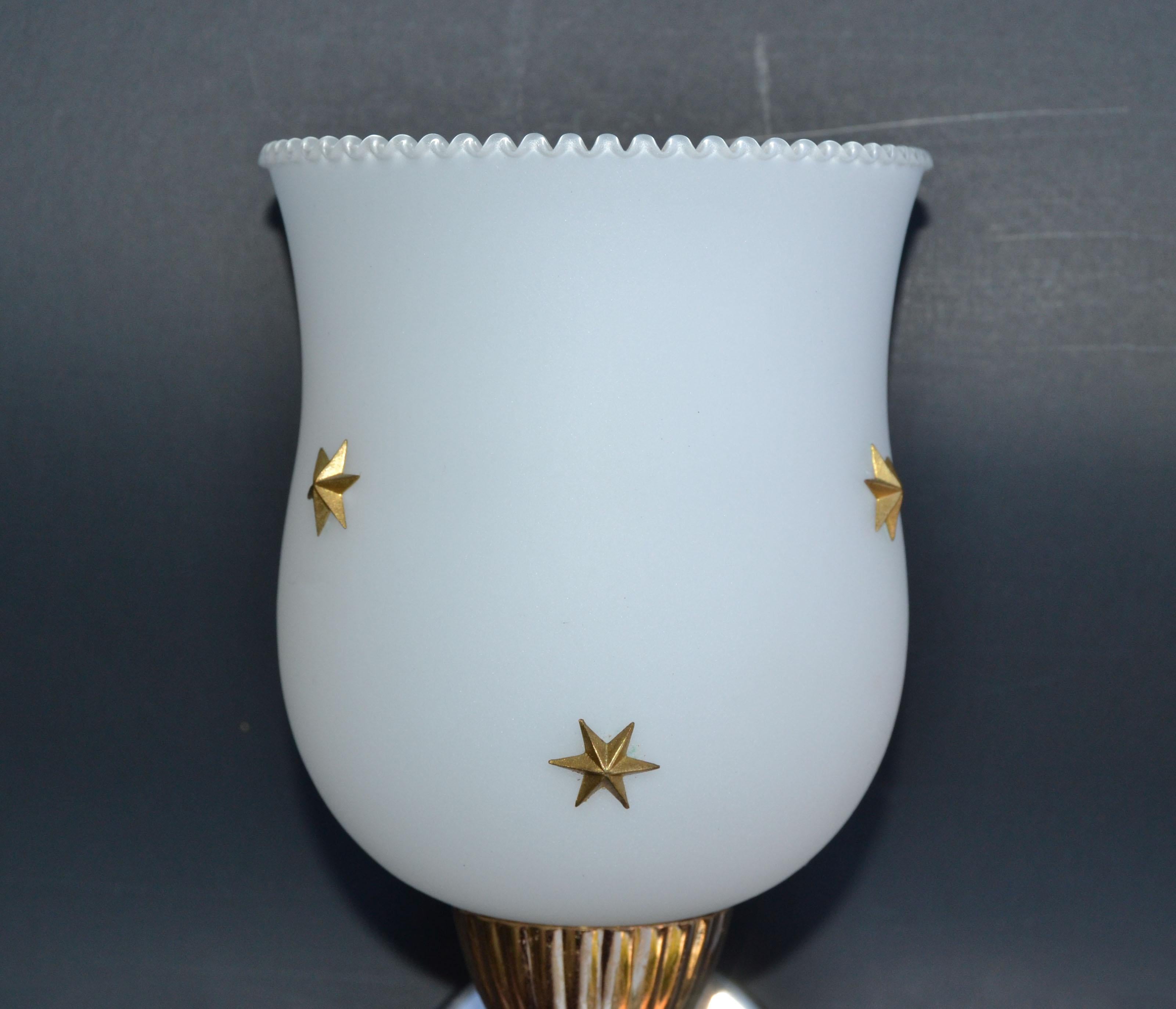 Hand-Crafted  5 Maison Arlus Brass & Gunmetal Sconce Brass Stars Opaline Glass Shade 1960 For Sale