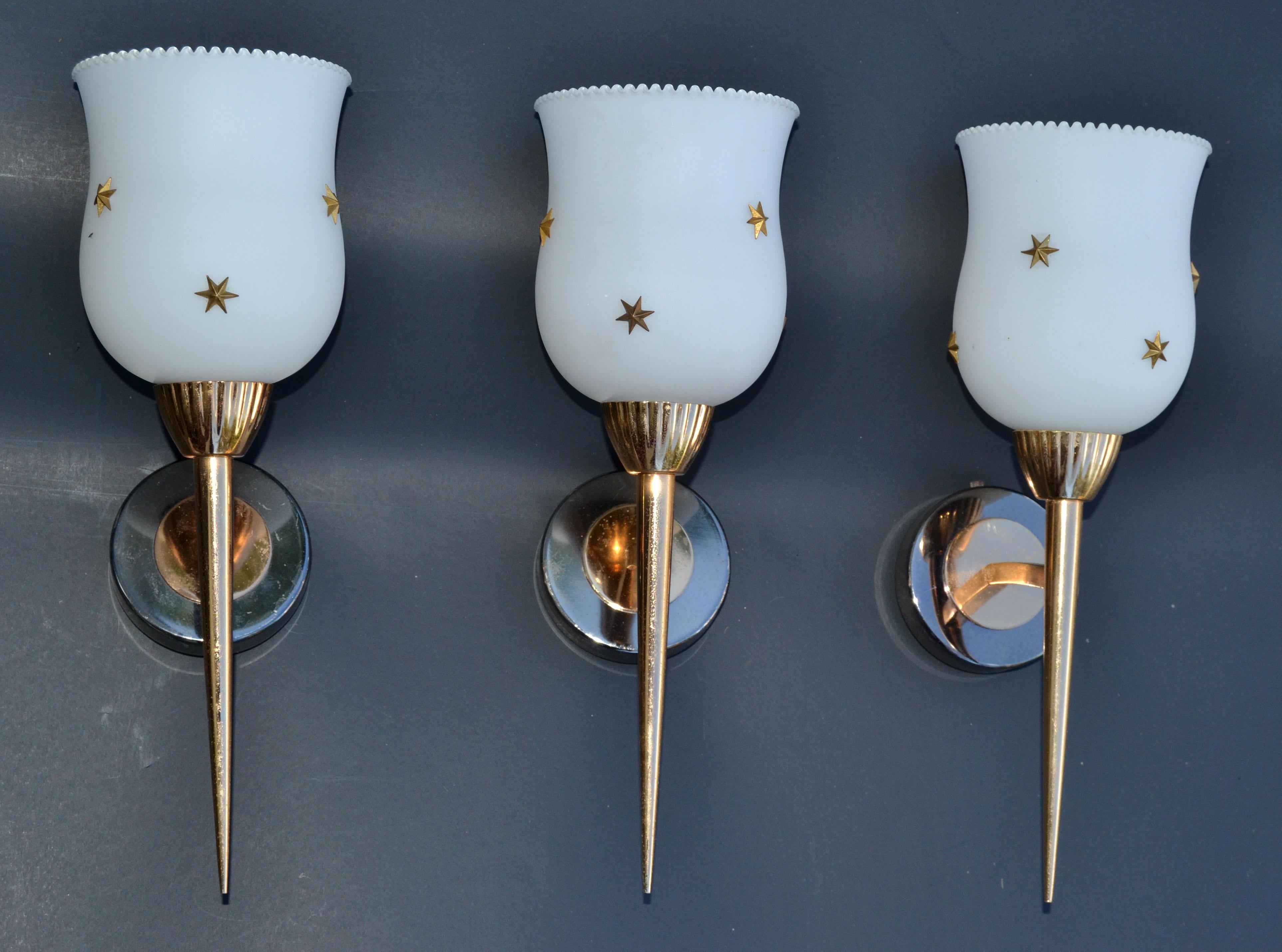  5 Maison Arlus Brass & Gunmetal Sconce Brass Stars Opaline Glass Shade 1960 In Good Condition For Sale In Miami, FL