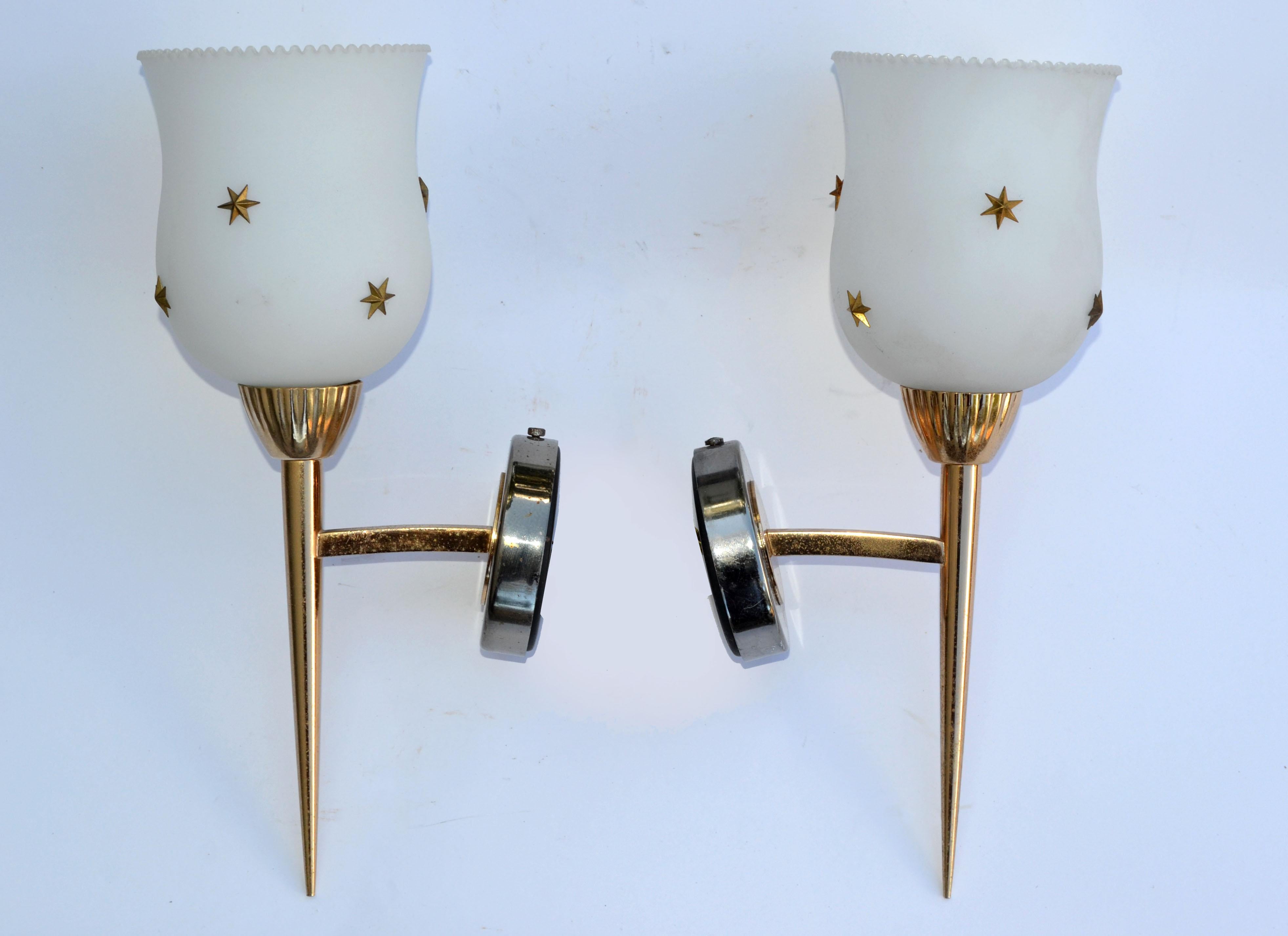 20th Century  5 Maison Arlus Brass & Gunmetal Sconce Brass Stars Opaline Glass Shade 1960 For Sale