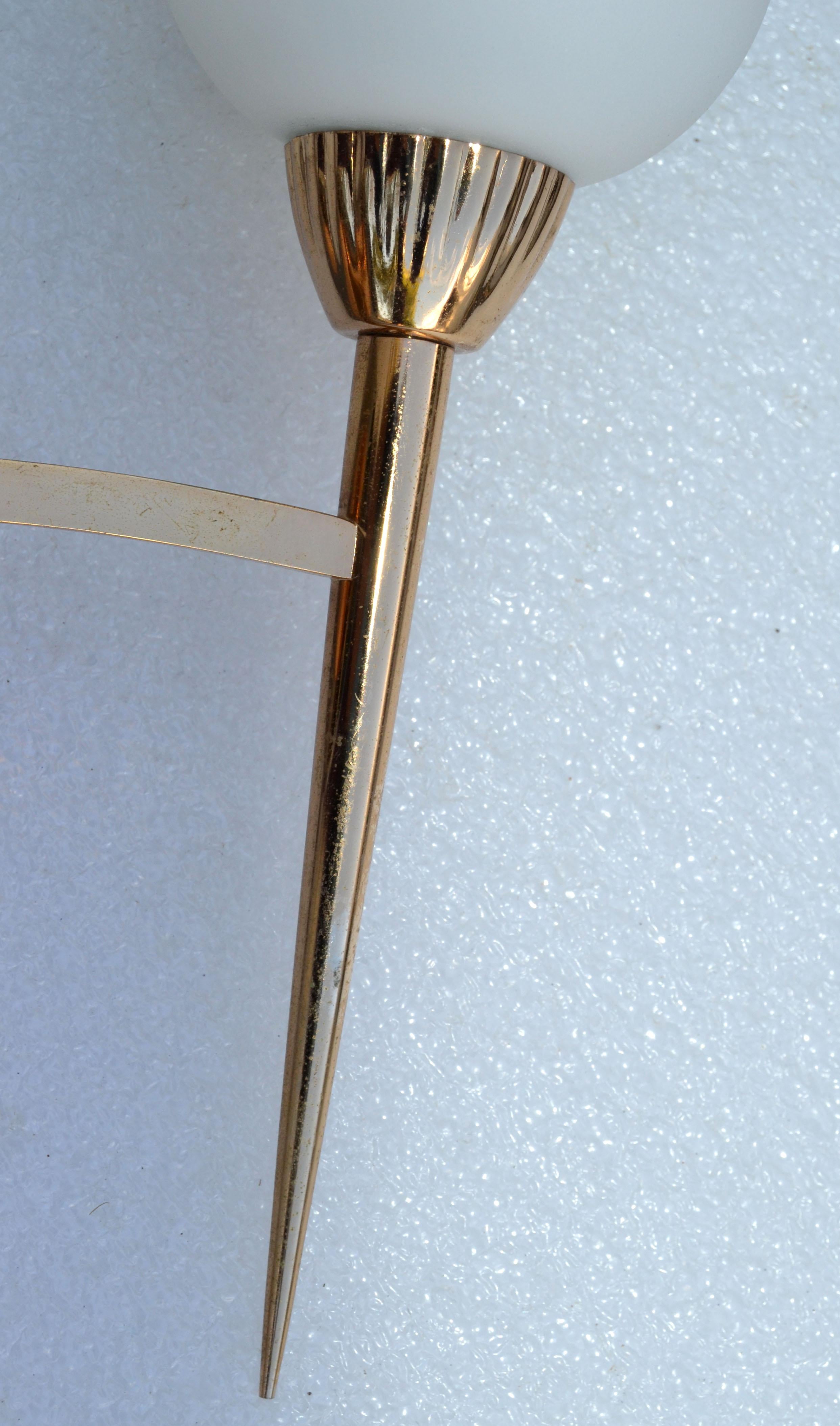  5 Maison Arlus Brass & Gunmetal Sconce Brass Stars Opaline Glass Shade 1960 For Sale 1
