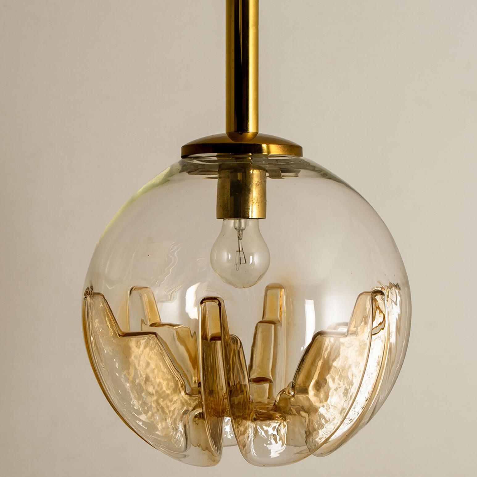Brass 1 of 3 Mixed Colored Glass Pendant Lights, Germany, 1960s For Sale