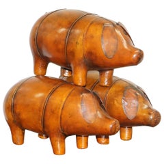 1 of 3 New Old Stock Liberty's London Omersa Brown Leather Footstool Pigs