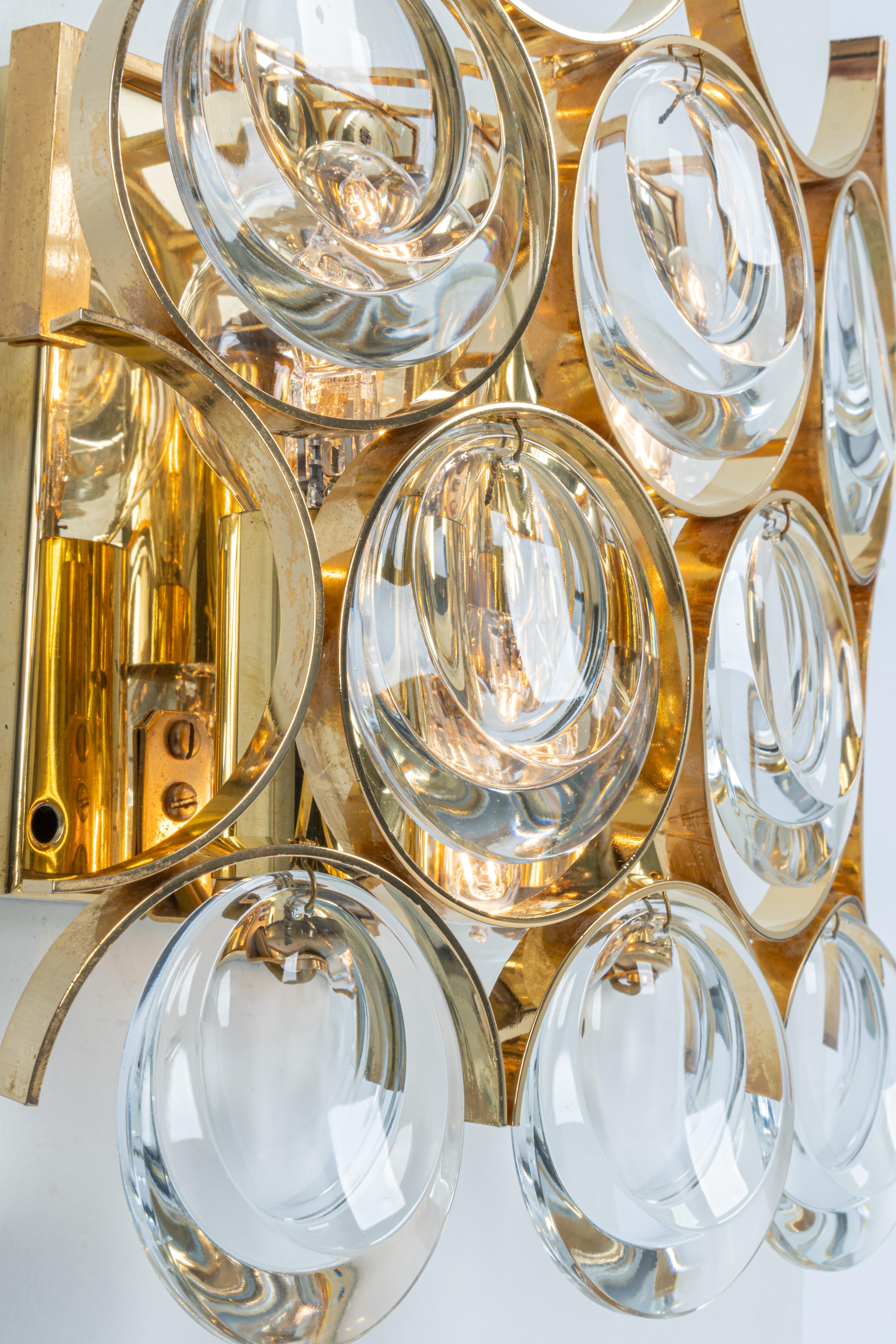 Brass 1 of 3 Pairs of Crystal Wall Lights, Sciolari Design, Palwa, Germany, 1960s For Sale